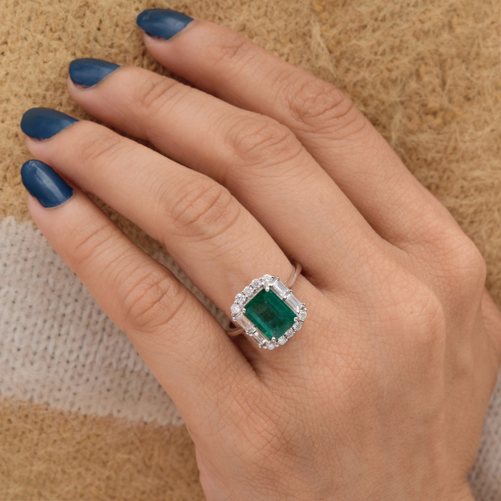 Natural Zambian Emerald Gemstone Diamond Fine Gold Halo Ring