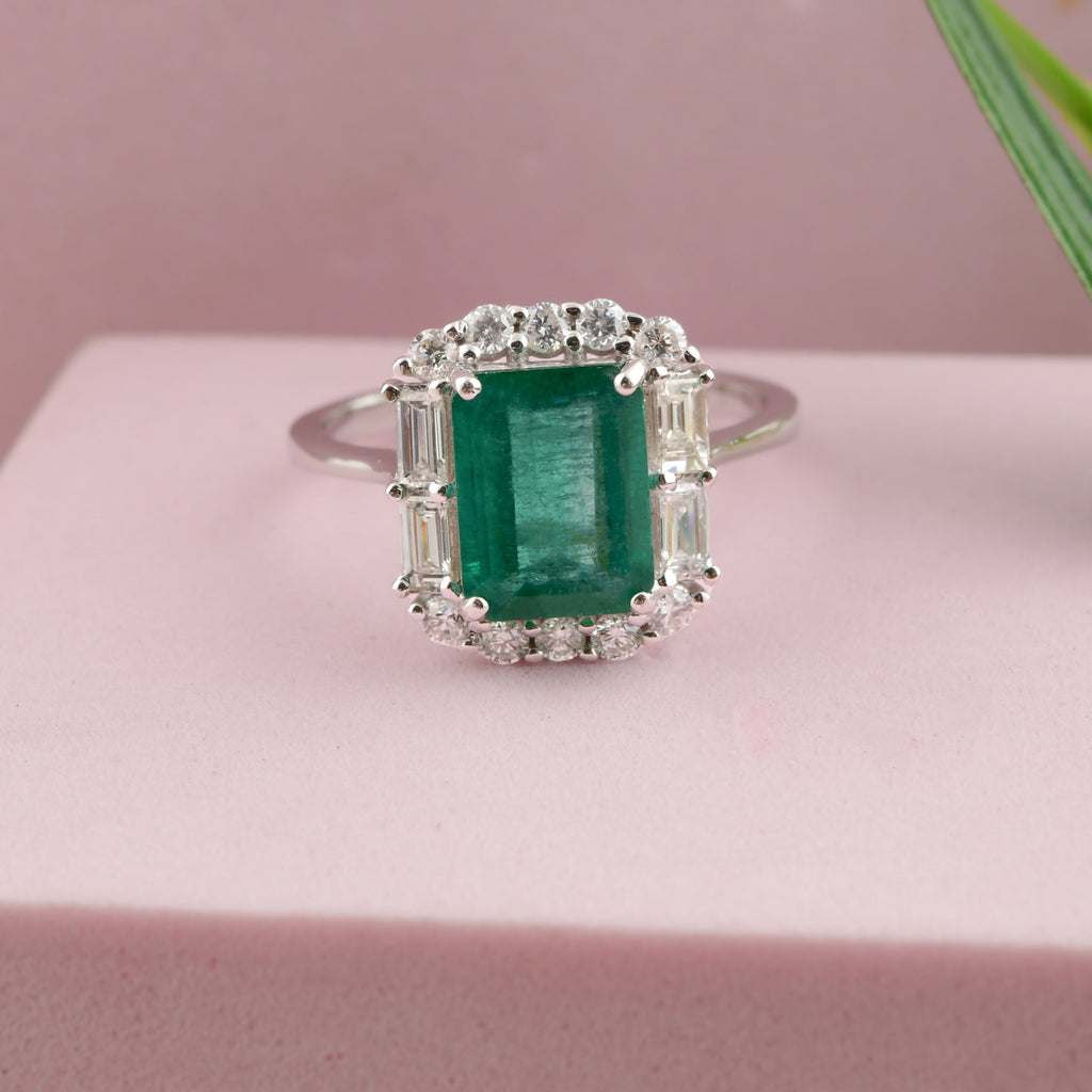 Natural Zambian Emerald Gemstone Diamond Fine Gold Halo Ring