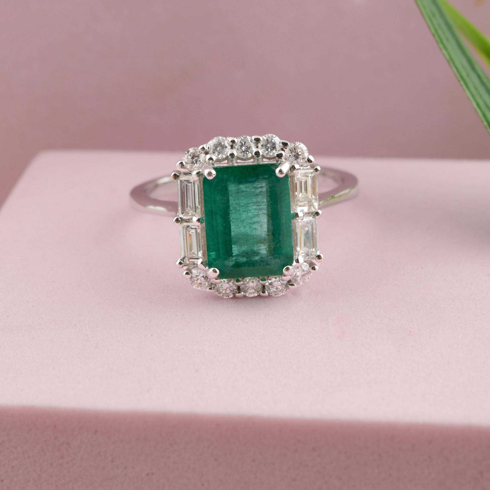 Natural Zambian Emerald Gemstone Diamond Fine Gold Halo Ring