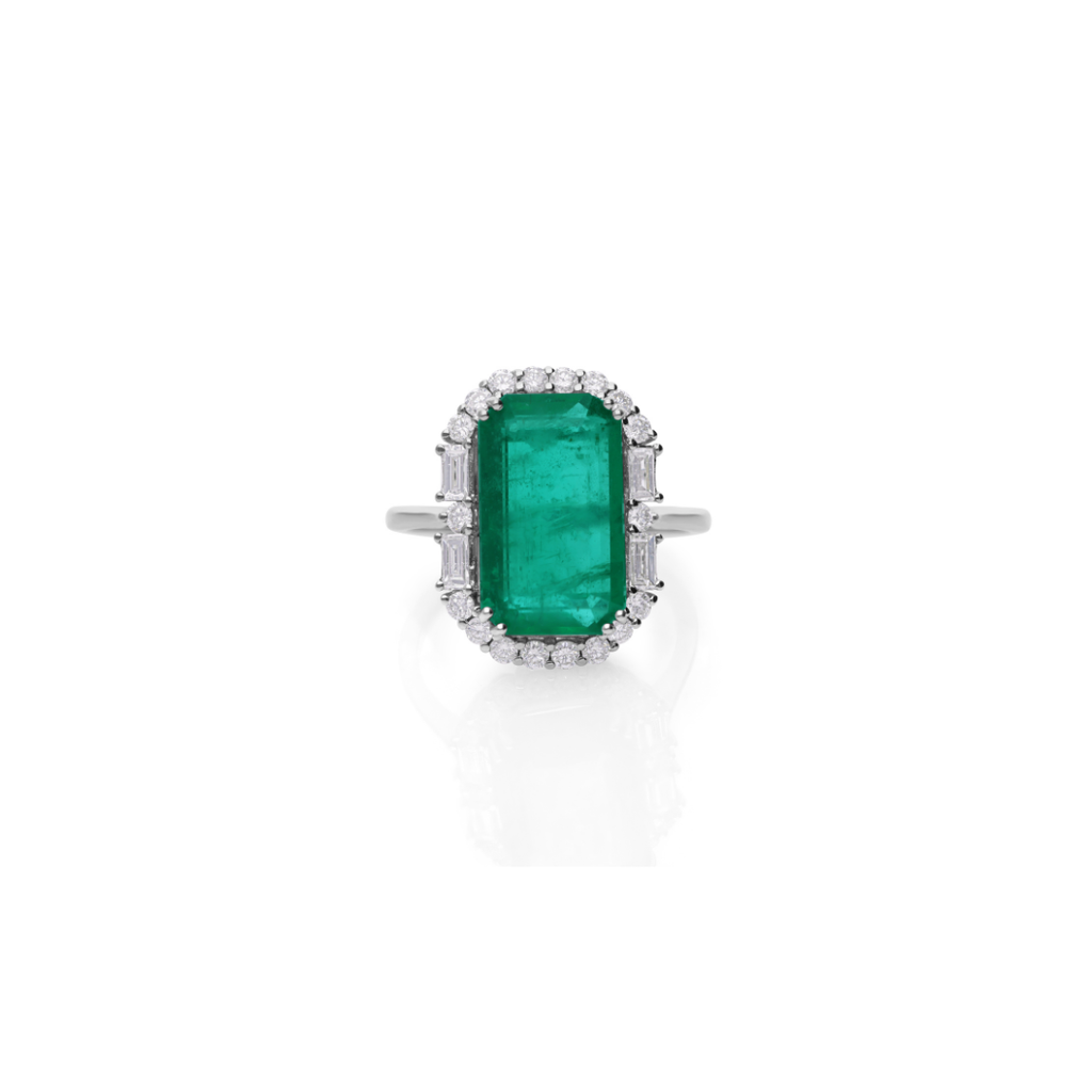 Handmade Natural Zambian Emerald Diamond Halo Cocktail Ring