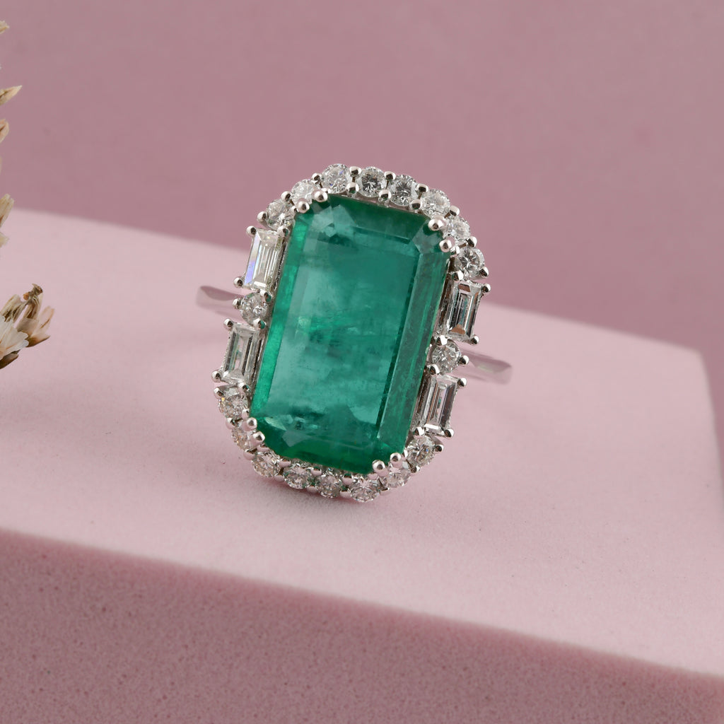 Handmade Natural Zambian Emerald Diamond Halo Cocktail Ring