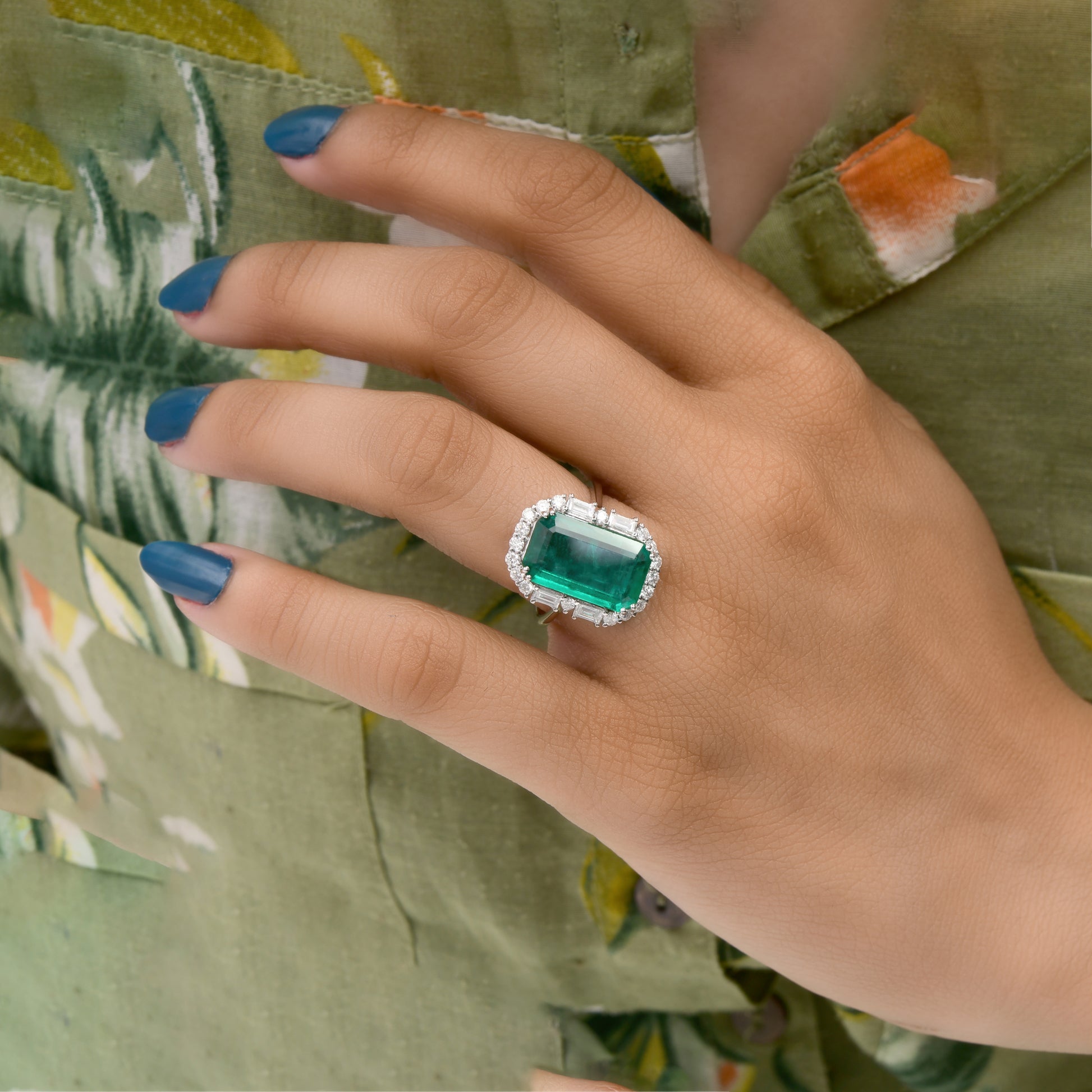 Handmade Natural Zambian Emerald Diamond Halo Cocktail Ring