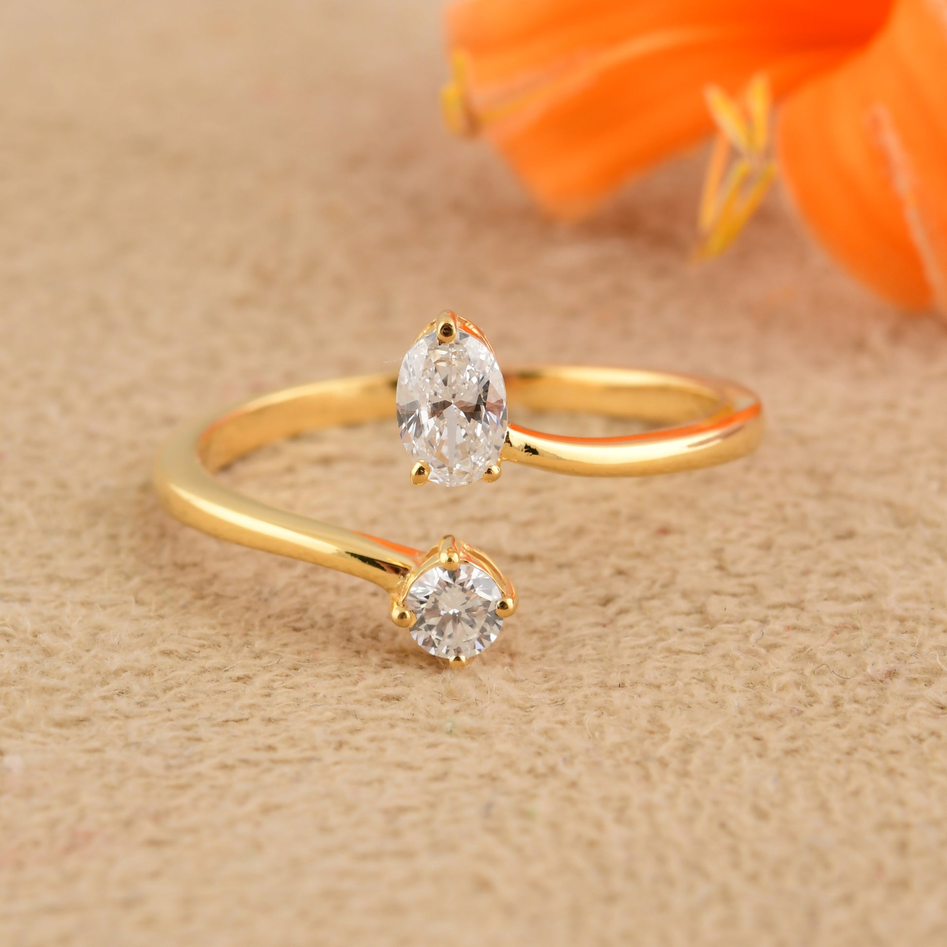 Minimalist Solid Gold Oval & Round Cut Natural Diamond Bypass Ring