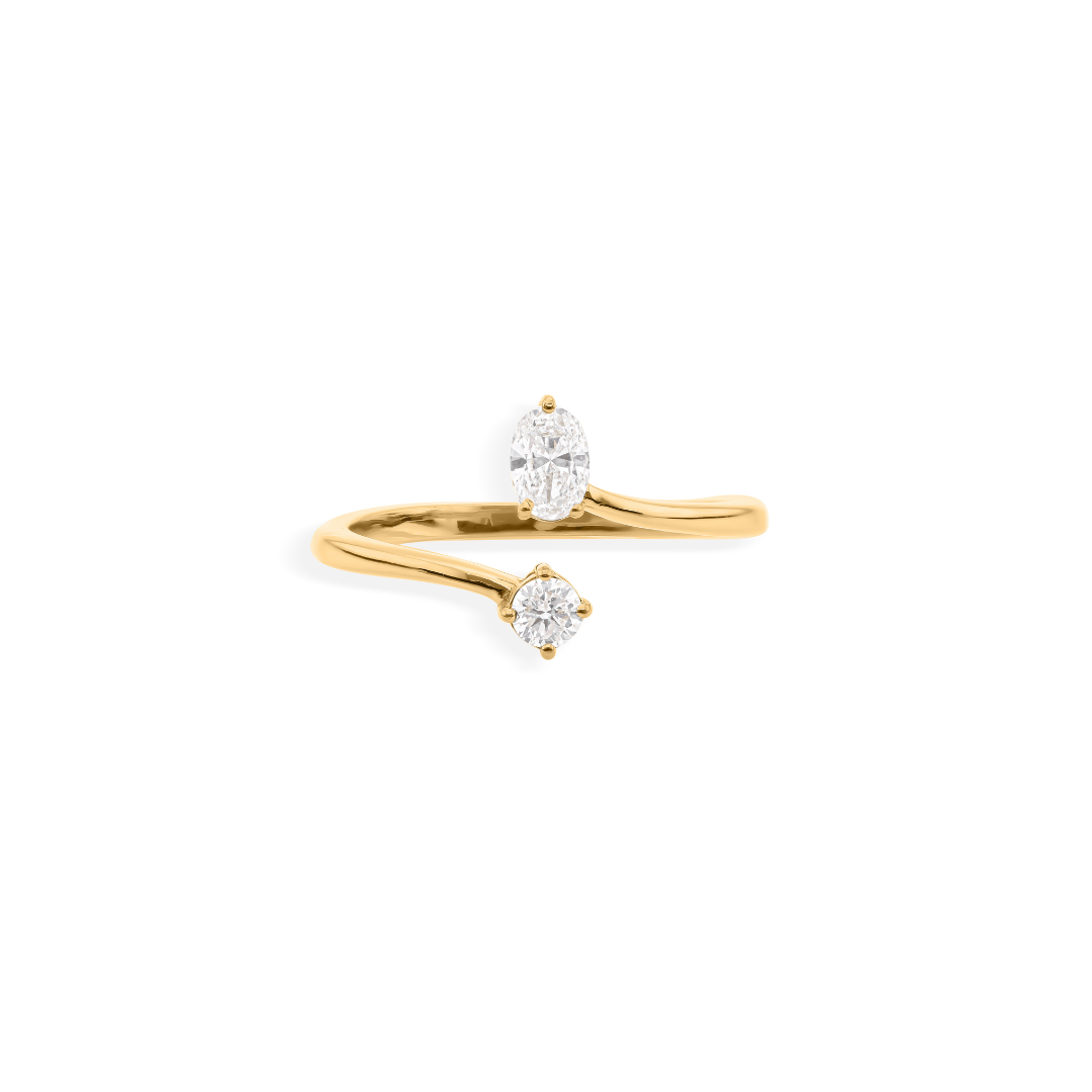 Minimalist Solid Gold Oval & Round Cut Natural Diamond Bypass Ring
