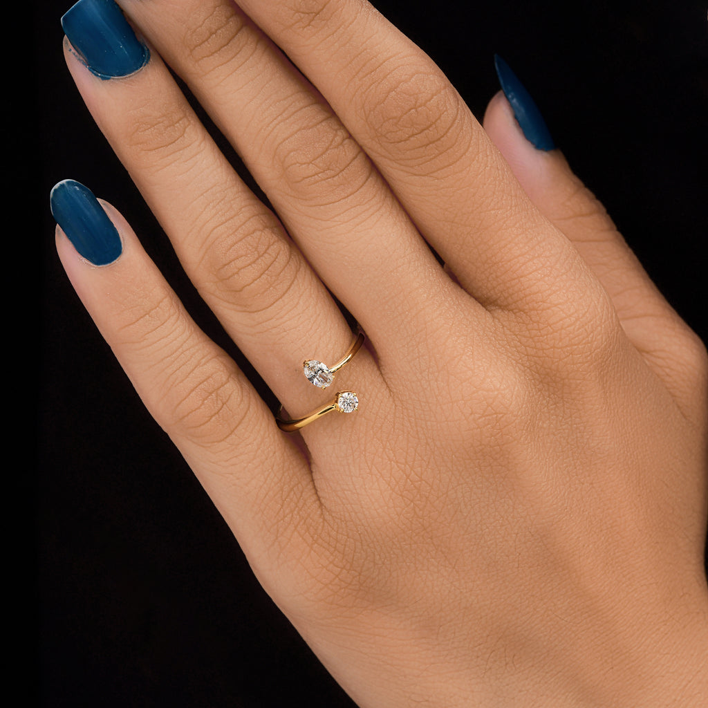 Minimalist Solid Gold Oval & Round Cut Natural Diamond Bypass Ring