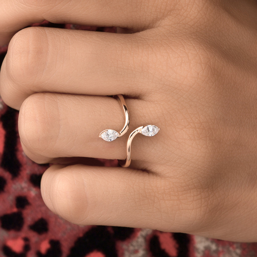 Unique Two Stone Marquise Cut Natural Diamond Bypass Gold Ring