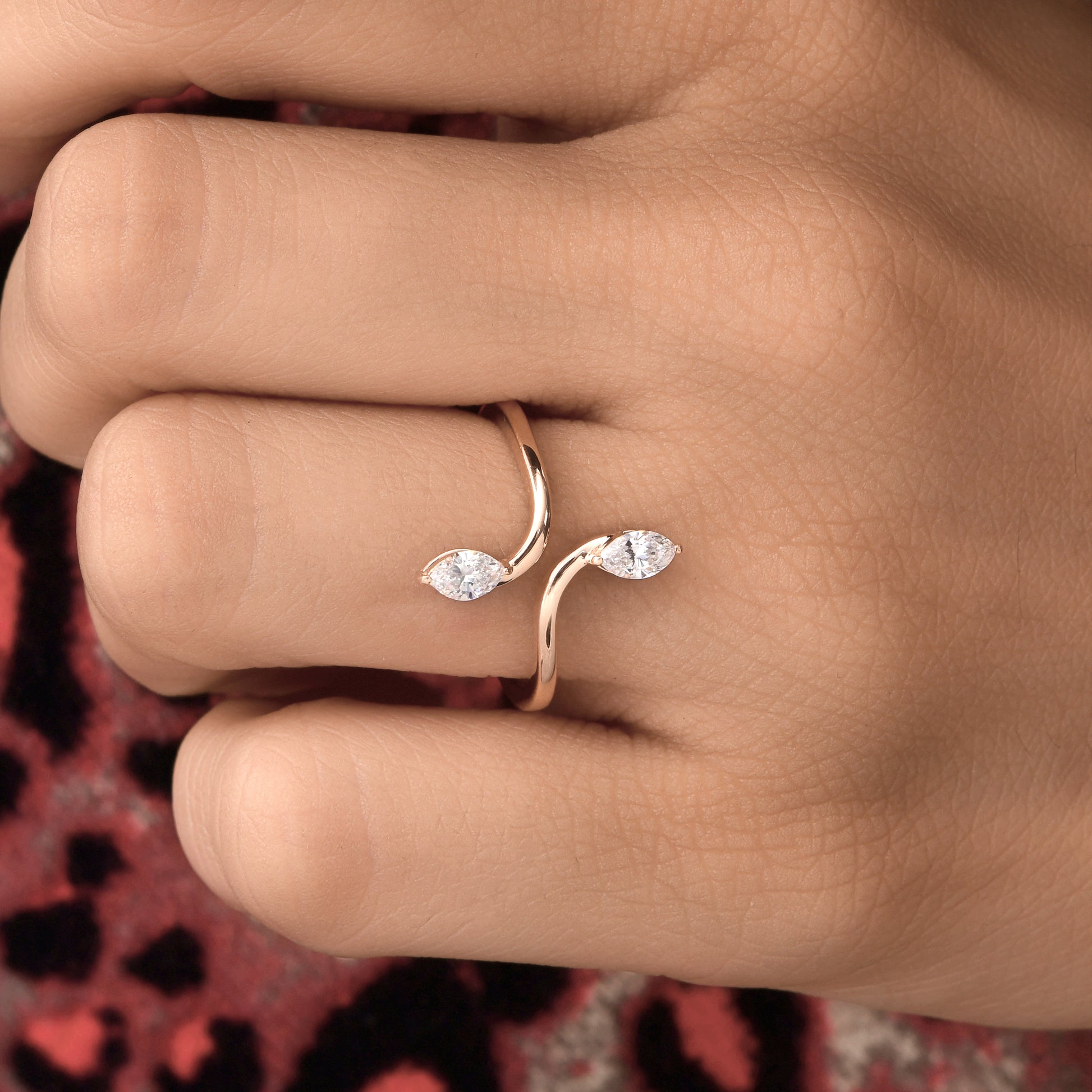 Unique Two Stone Marquise Cut Natural Diamond Bypass Gold Ring