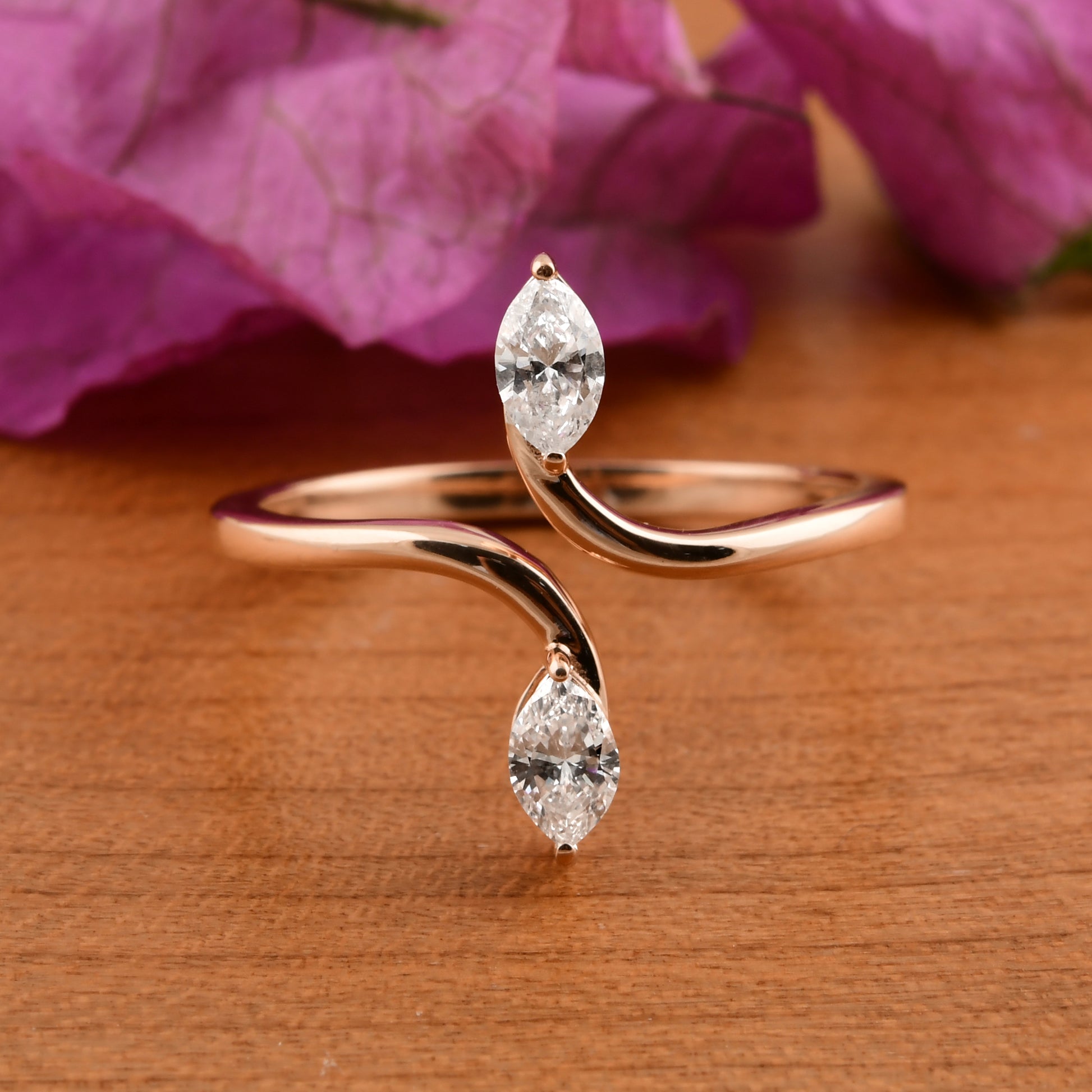 Unique Two Stone Marquise Cut Natural Diamond Bypass Gold Ring