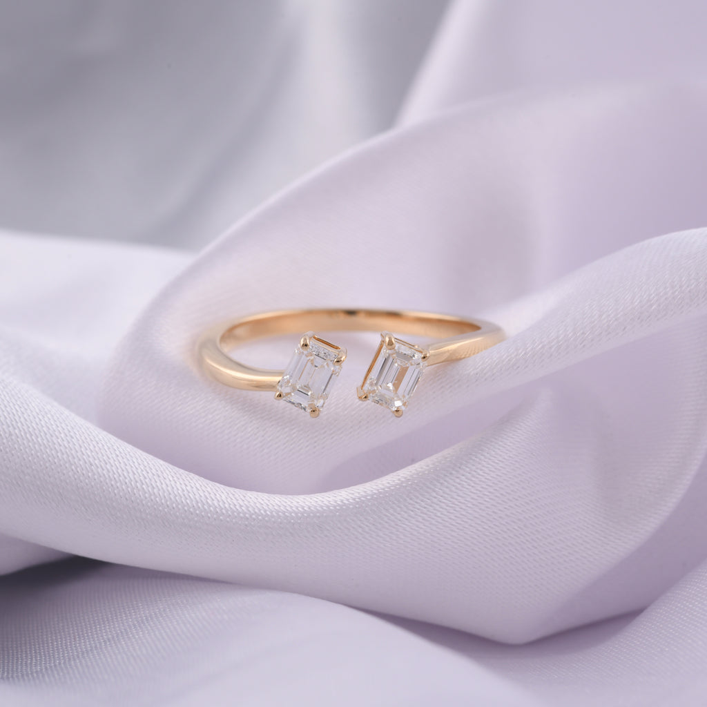 Toi et Moi Octagon Cut Natural Diamond Open Band Fine Gold Ring
