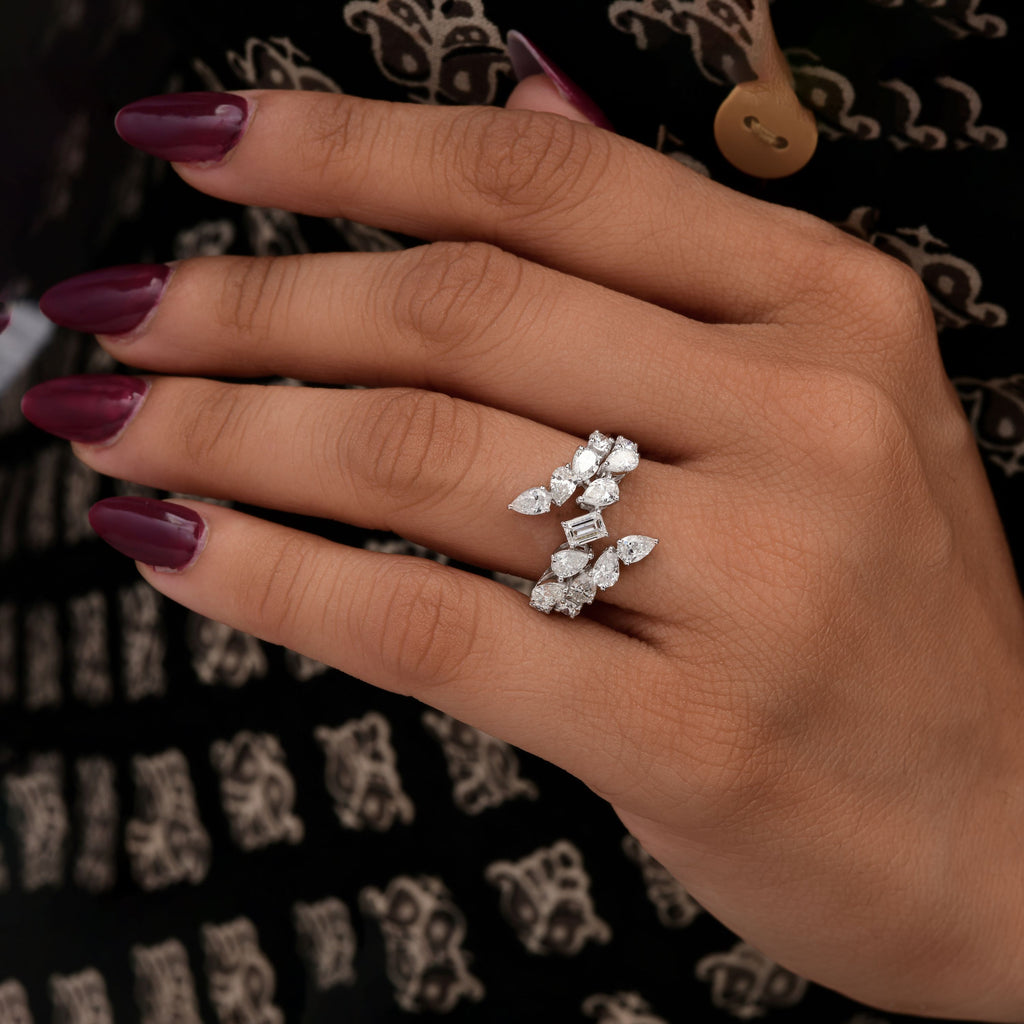 Unique Cluster Design Multi Cut Diamond Engagement Ring