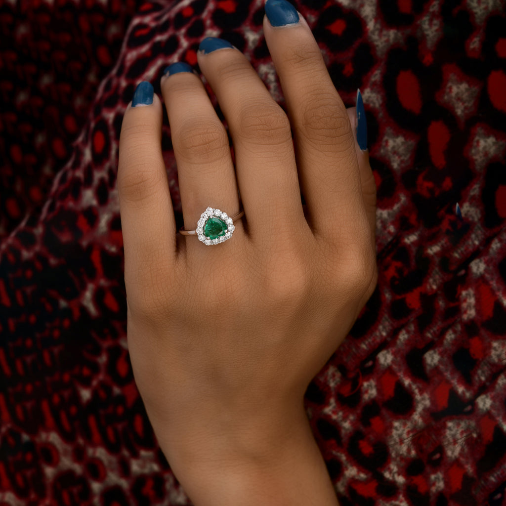 Heart Shaped Zambian Emerald and Natural Diamond Gold Halo Ring