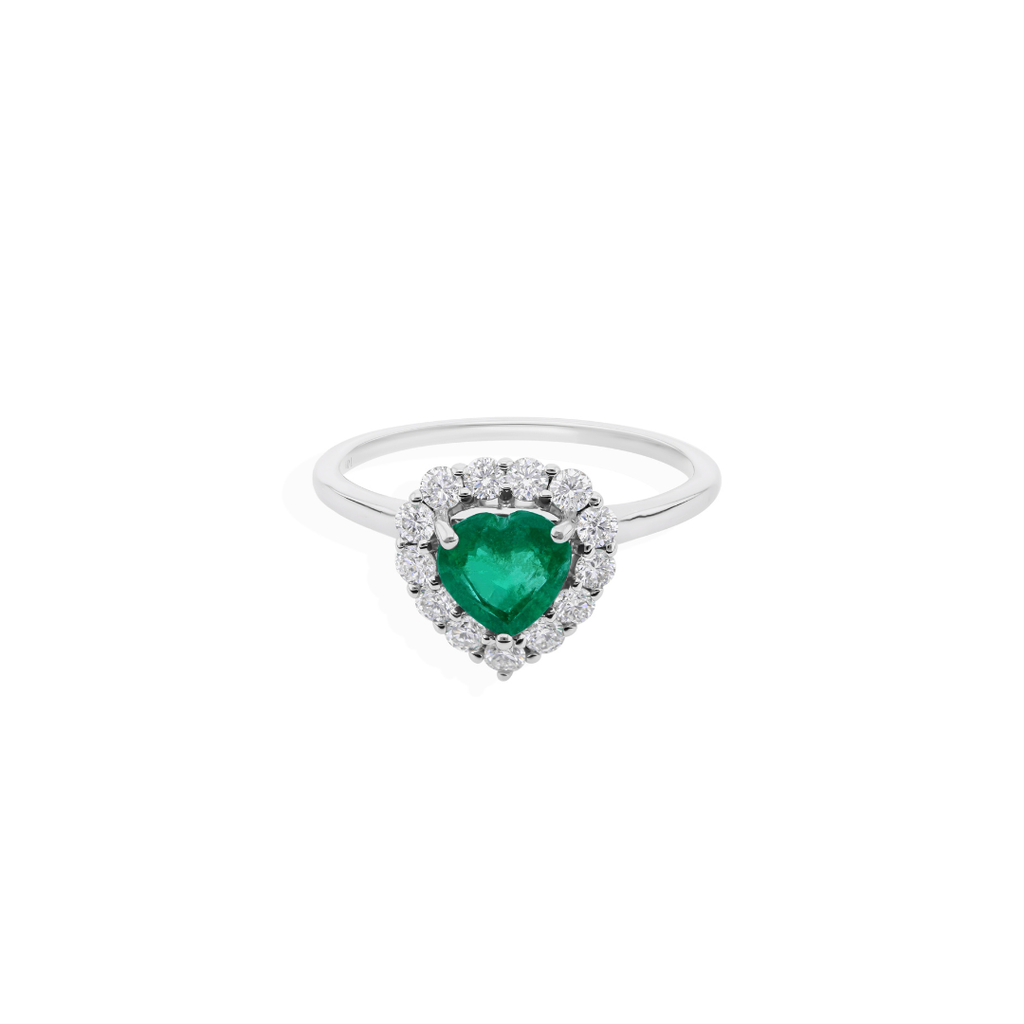 Heart Shaped Zambian Emerald and Natural Diamond Gold Halo Ring