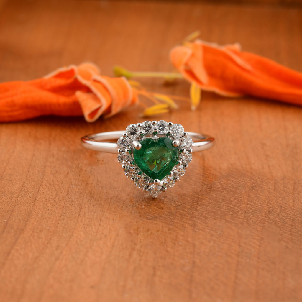 Heart Shaped Zambian Emerald and Natural Diamond Gold Halo Ring
