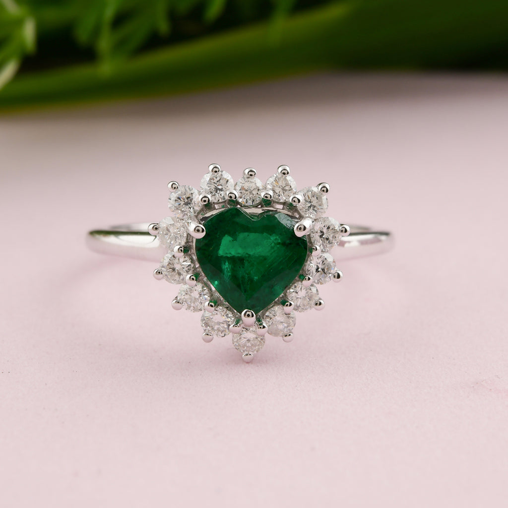 1.34Ct Heart Shape Zambian Emerald Halo Brilliant Cut Diamond Engagement Ring