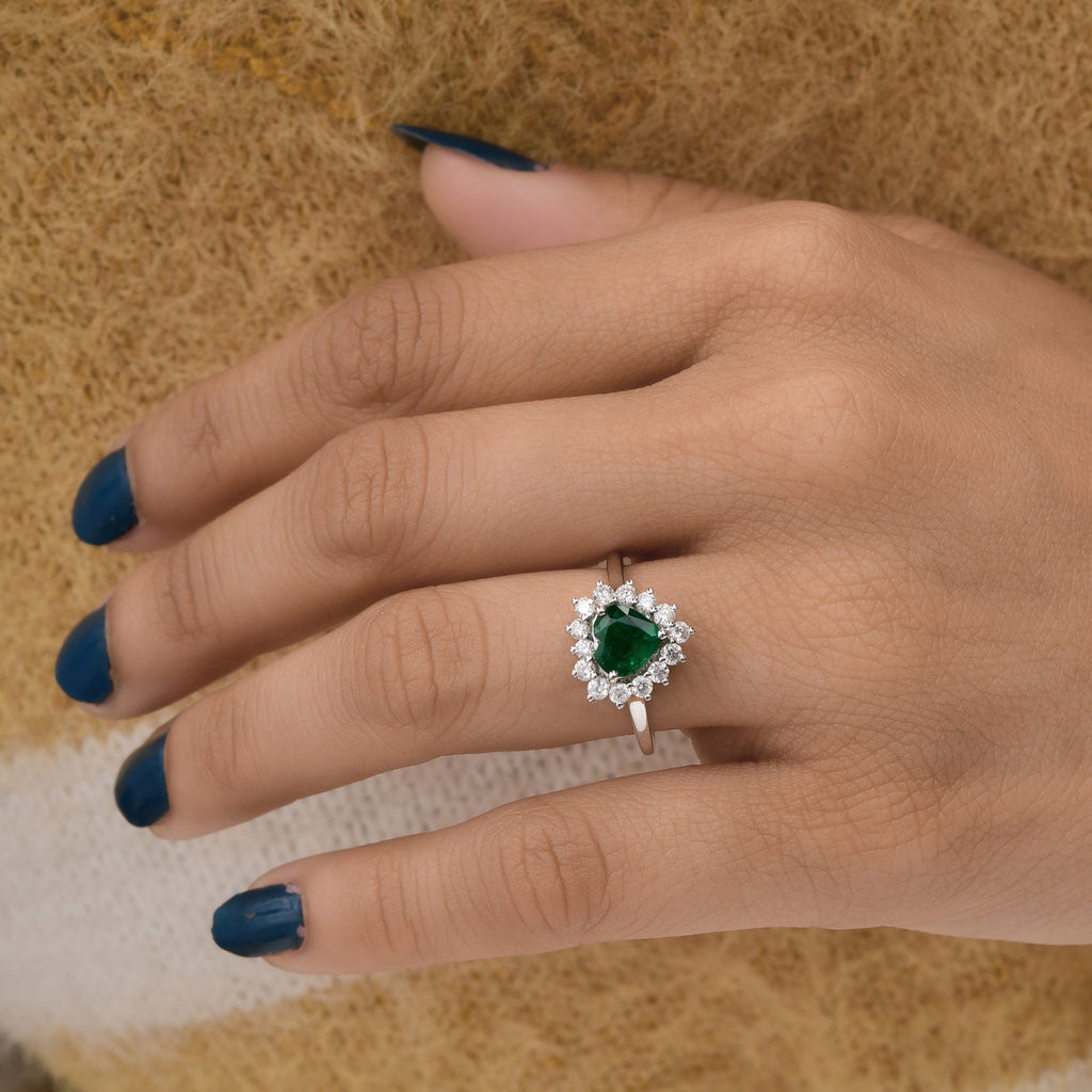 1.34Ct Heart Shape Zambian Emerald Halo Brilliant Cut Diamond Engagement Ring