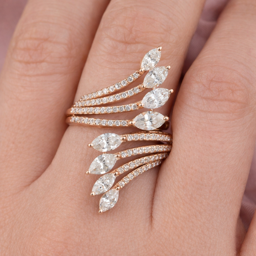 Marquise Round Cut Natural Diamond Gold Full Finger Ring
