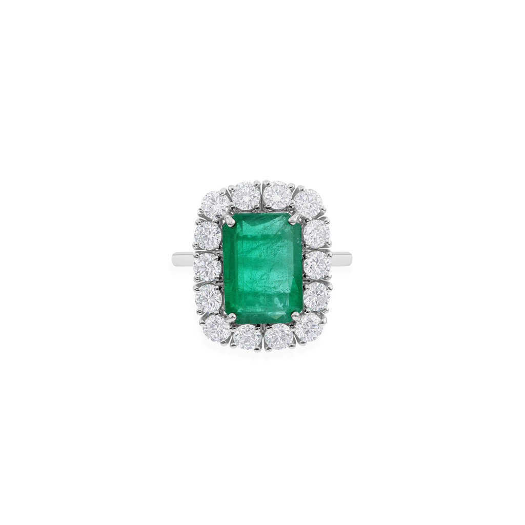 Timeless 9.6Ct Zambian Emerald Round Brilliant Cut Halo Diamond Cocktail Ring