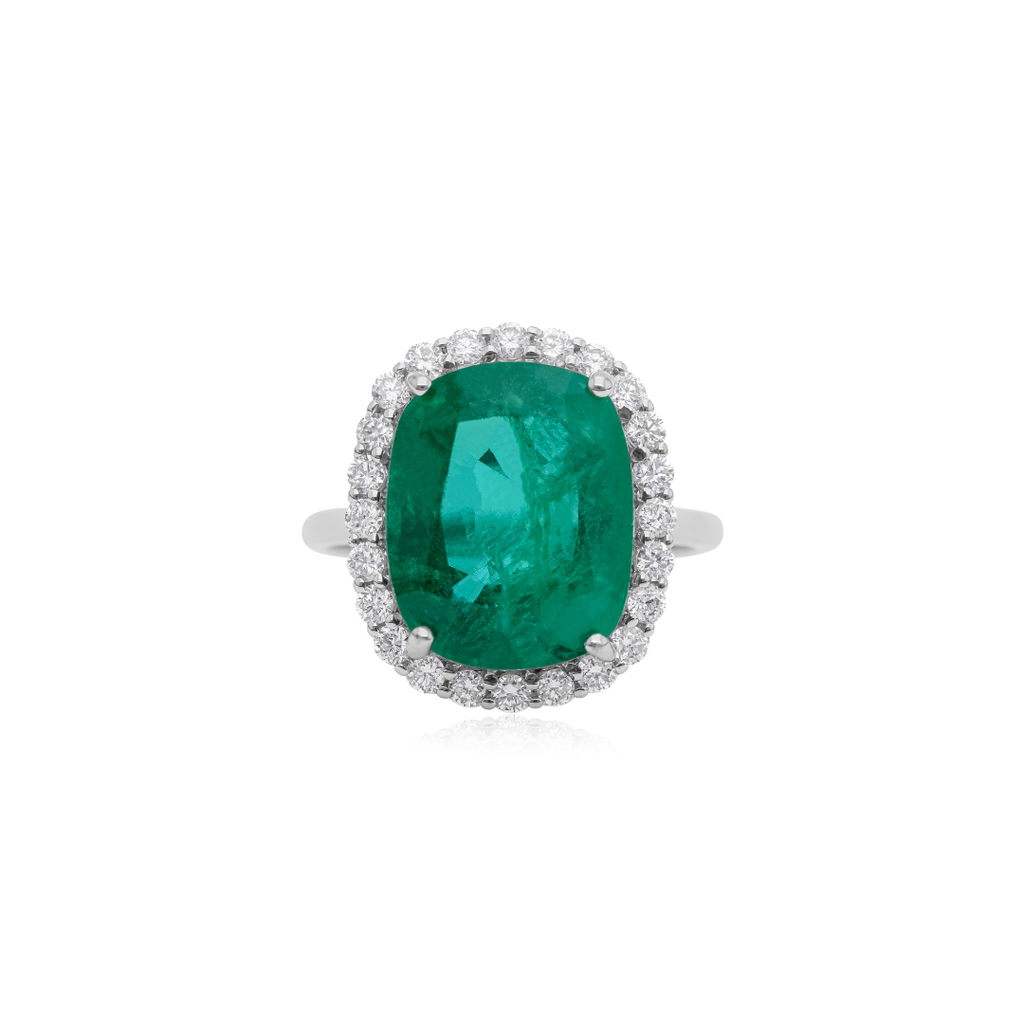 Fine Gold Certified Natural Zambian Emerald Diamond Halo Ring