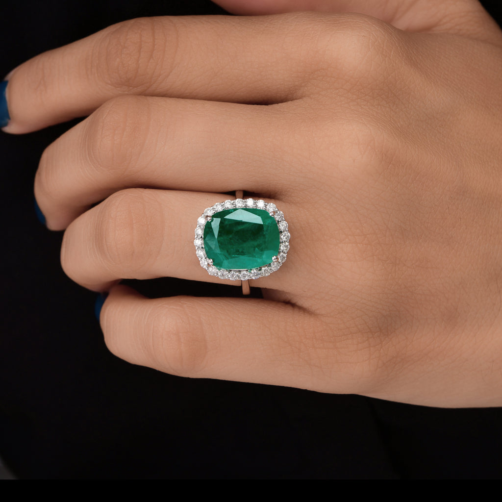 Fine Gold Certified Natural Zambian Emerald Diamond Halo Ring