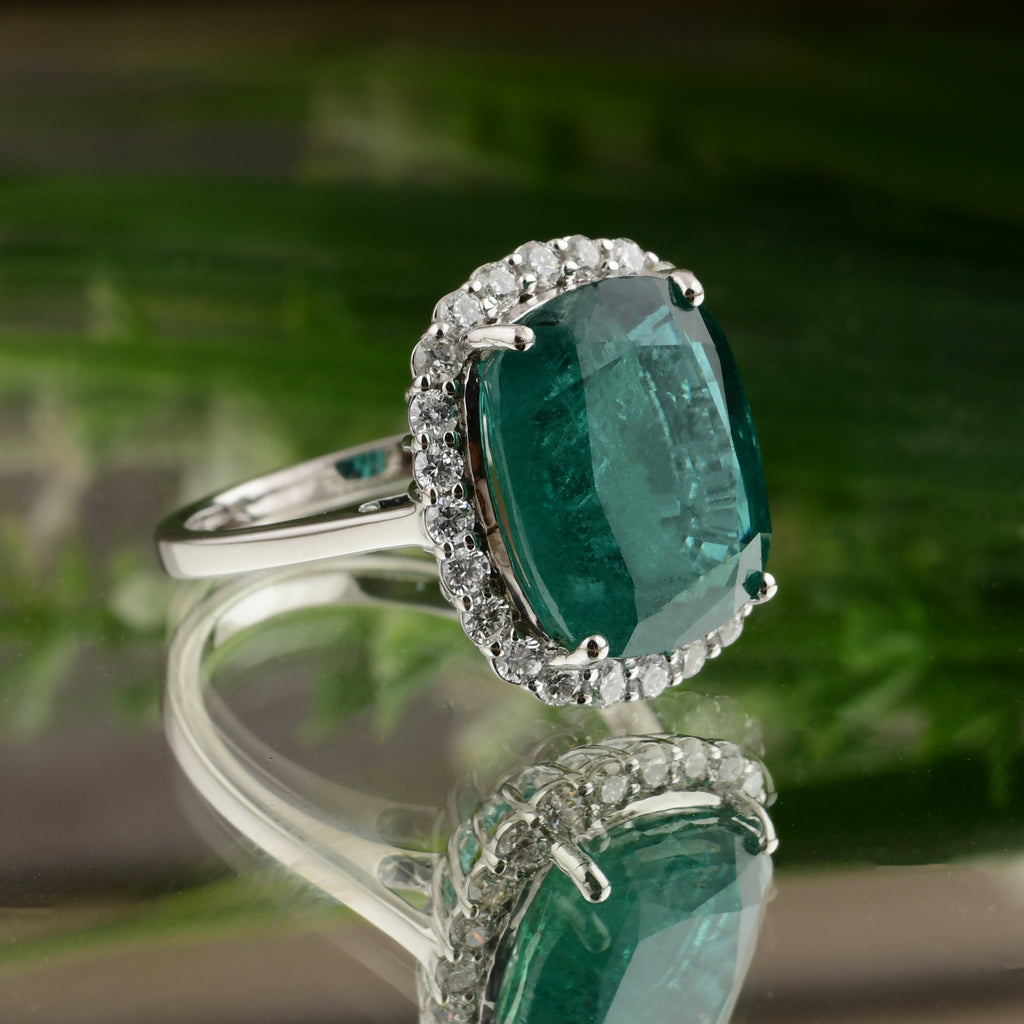 Fine Gold Certified Natural Zambian Emerald Diamond Halo Ring