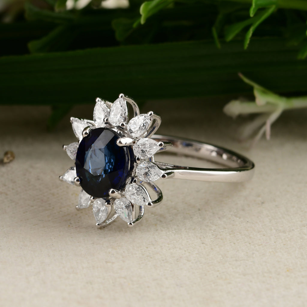 Princess Style Blue Sapphire Gemstone Diamond Gold Wedding Ring