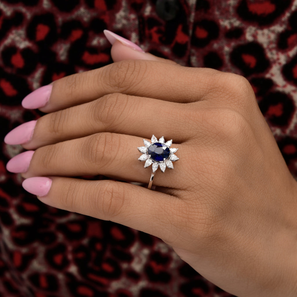 Princess Style Blue Sapphire Gemstone Diamond Gold Wedding Ring