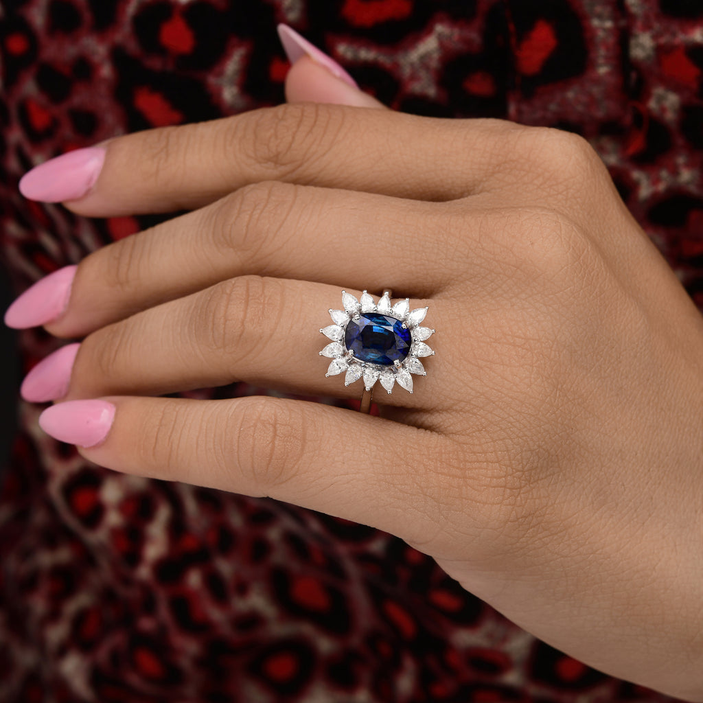 5.3Tcw Oval Cut Royal Blue Sapphire Halo Diamond Cocktail Anniversary Ring