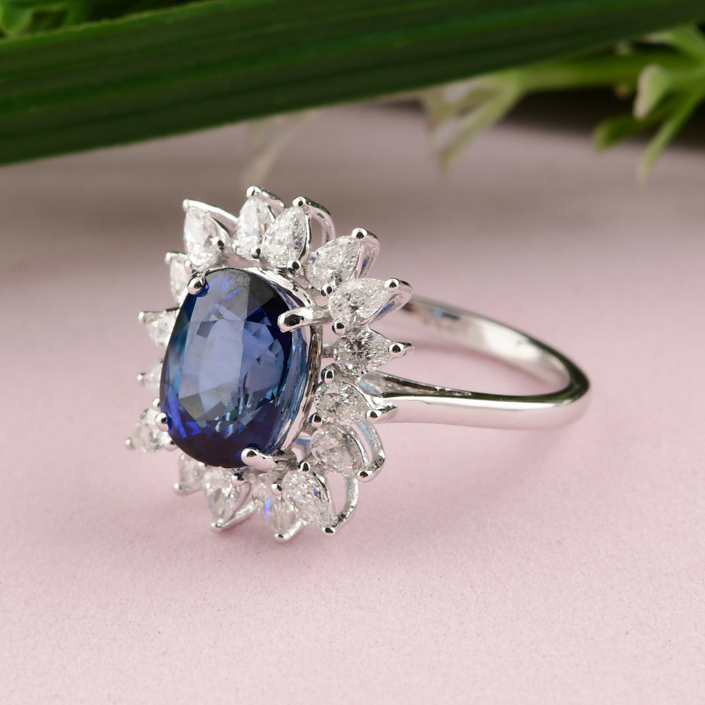 5.3Tcw Oval Cut Royal Blue Sapphire Halo Diamond Cocktail Anniversary Ring