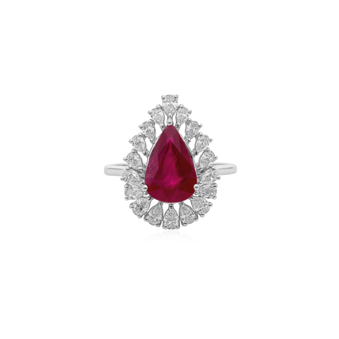 Exquisite 4.13Tcw Pear Shape Ruby Halo Natural Diamond Bridal Wedding Ring