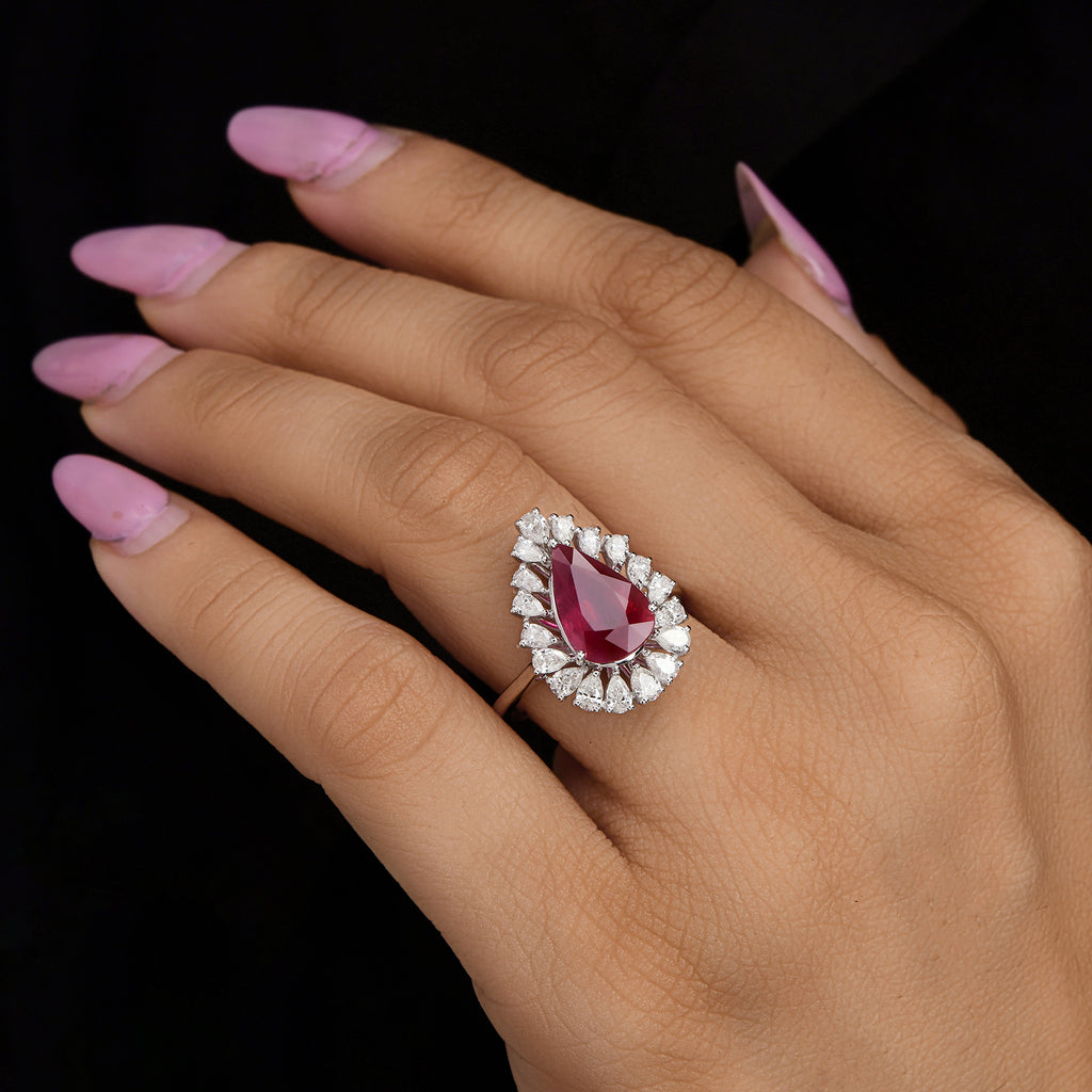 Exquisite 4.13Tcw Pear Shape Ruby Halo Natural Diamond Bridal Wedding Ring