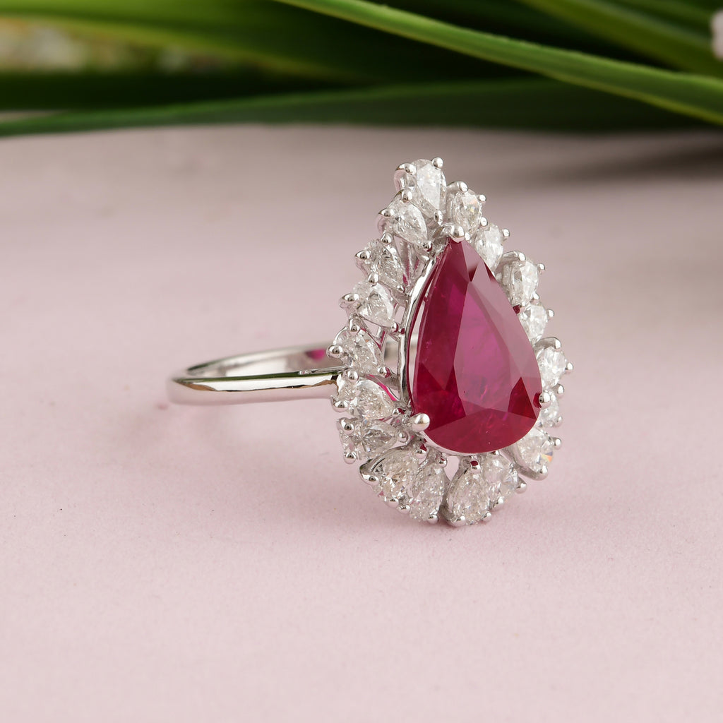 Exquisite 4.13Tcw Pear Shape Ruby Halo Natural Diamond Bridal Wedding Ring