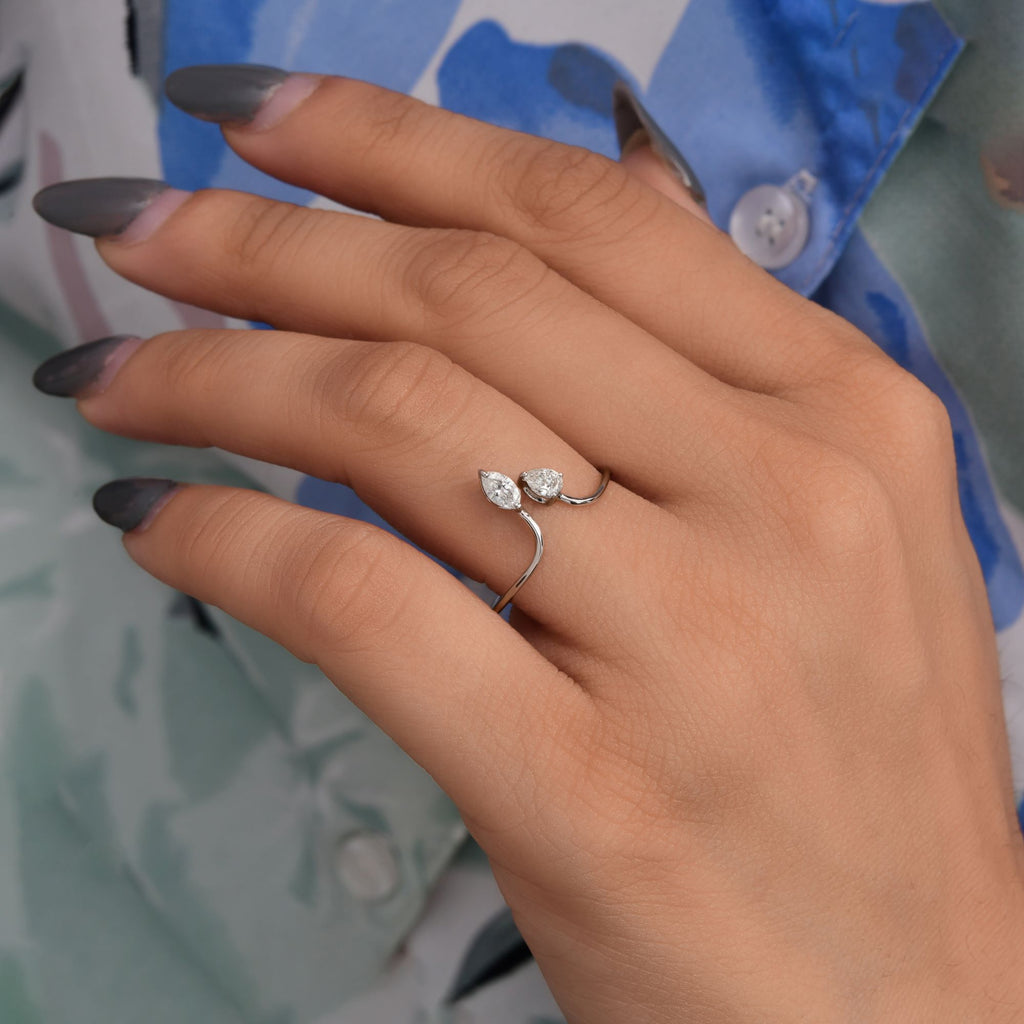 Two Stone Diamond Bypass Gold Open Ring Everyday Ring