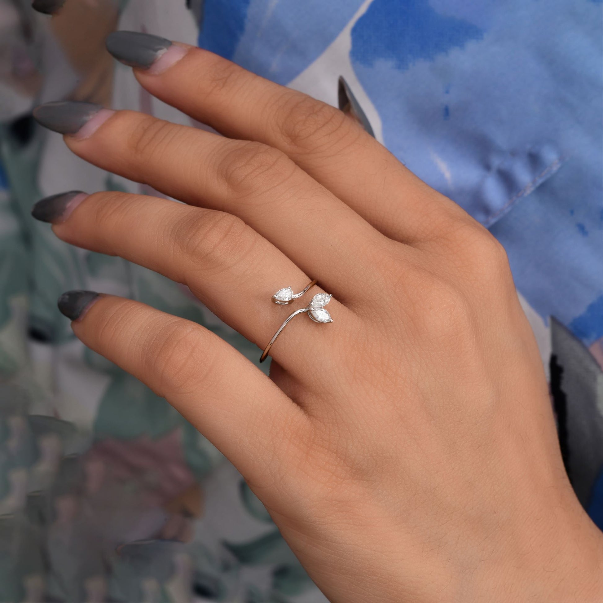 Delicate 0.31Ct. Marquise Pear Cut Diamond Leaf Bypass Open Gold Ring