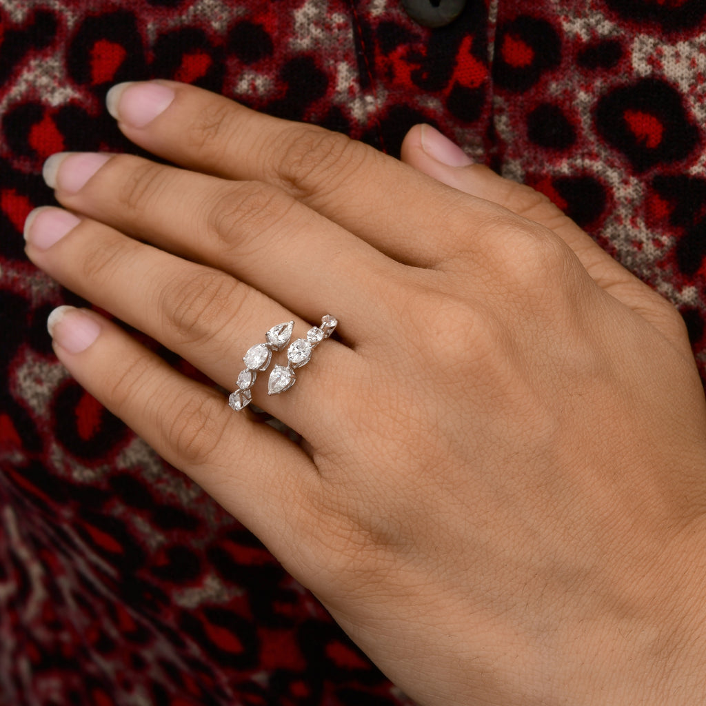 Open 1.24Ct Pear Cut Diamond Crossover Fine Gold Band Ring for Her