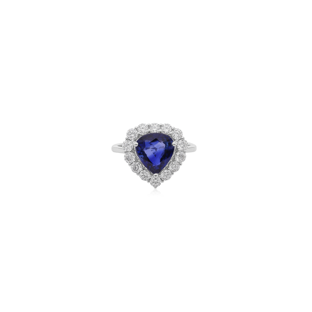4 Tcw Trillion Cut Blue Sapphire Halo Ring with Round Diamonds