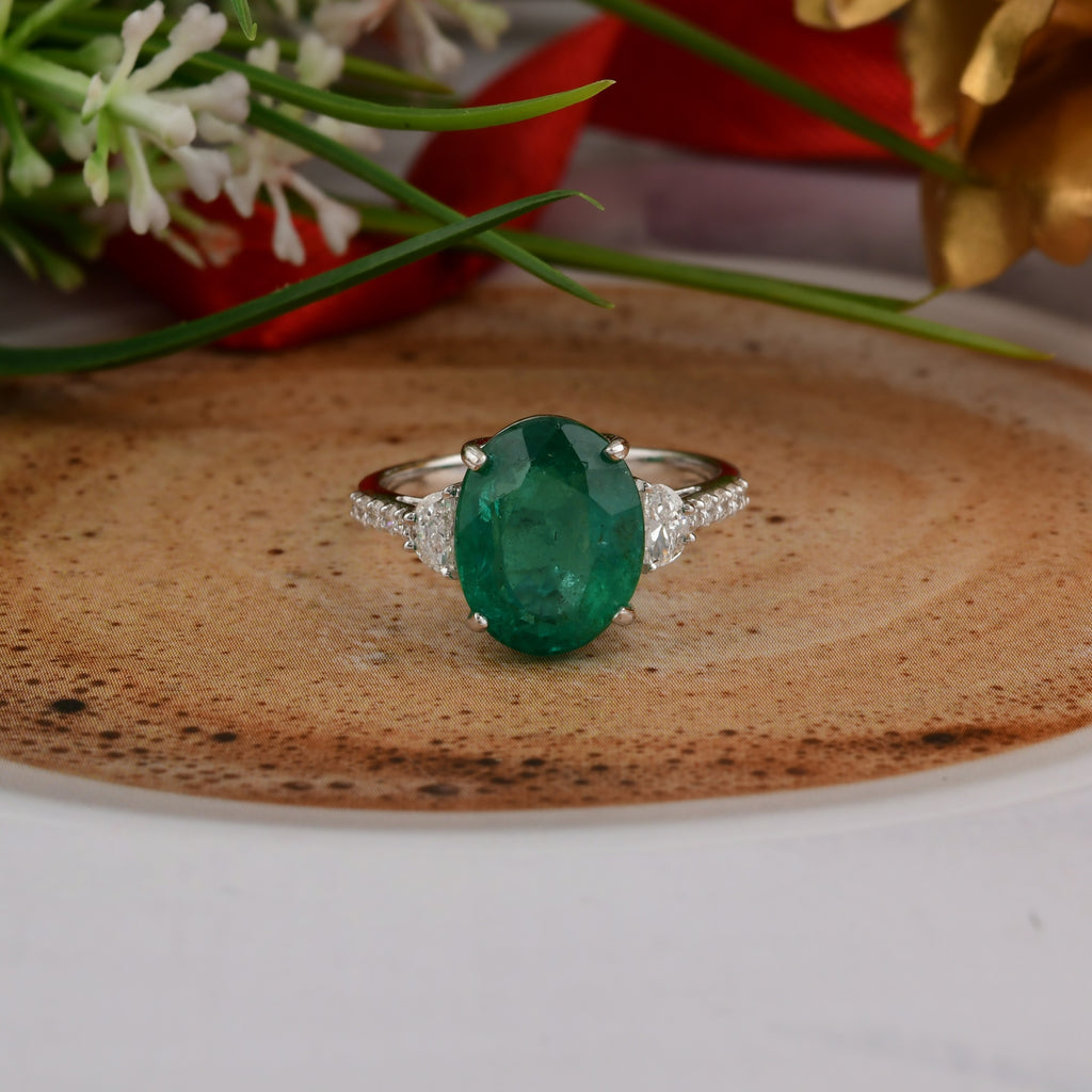 Genuine 4.81 TCW Oval Cut Zambian Emerald Diamond Cocktail Gold Ring For Wife
