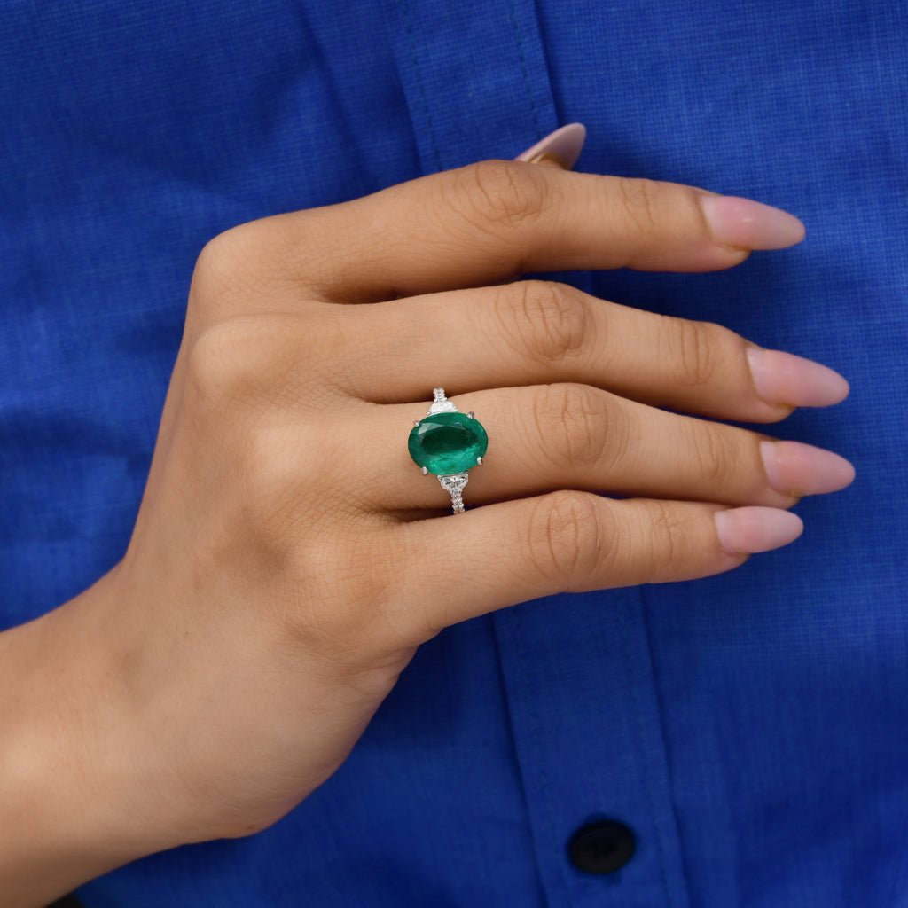 Genuine 4.81 TCW Oval Cut Zambian Emerald Diamond Cocktail Gold Ring For Wife