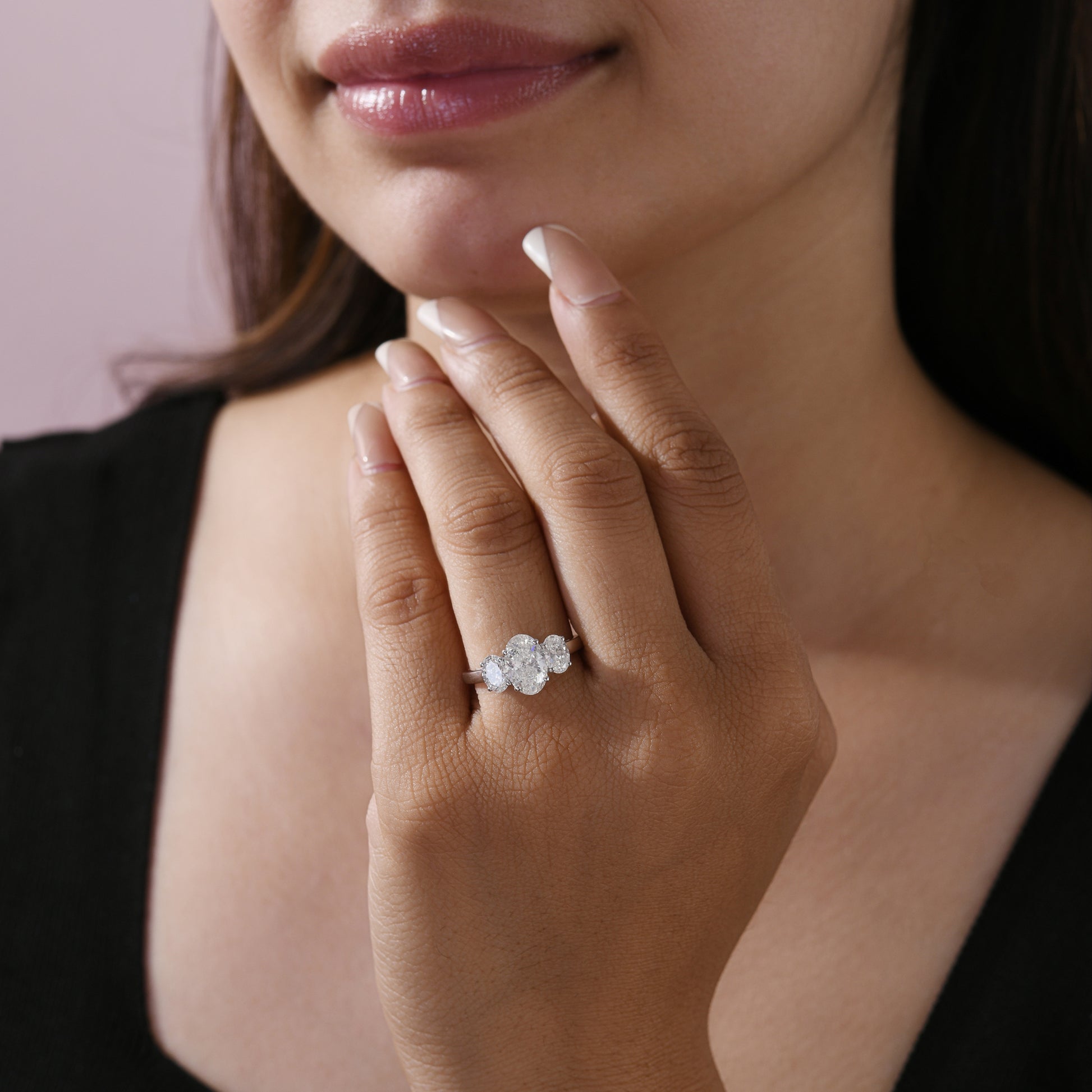 Oval Cut Diamond Three Stone Engagement Ring with Fine Gold Band