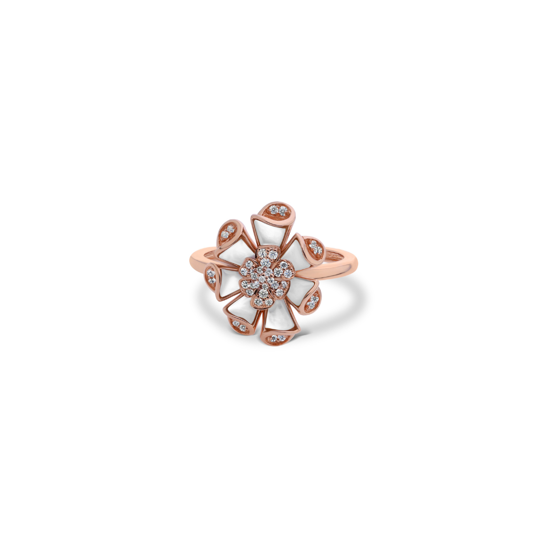 Natural Diamond Flower Ring in Fine Gold with Mother of Pearl Petals