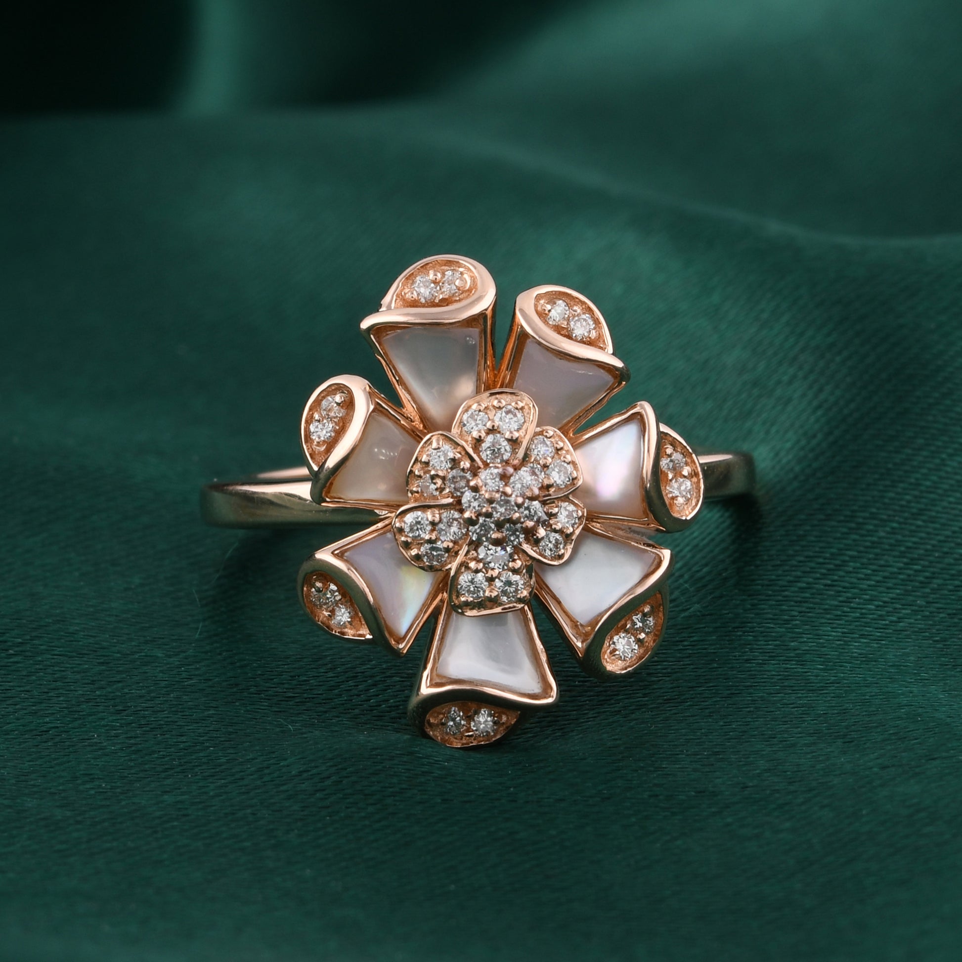 Natural Diamond Flower Ring in Fine Gold with Mother of Pearl Petals