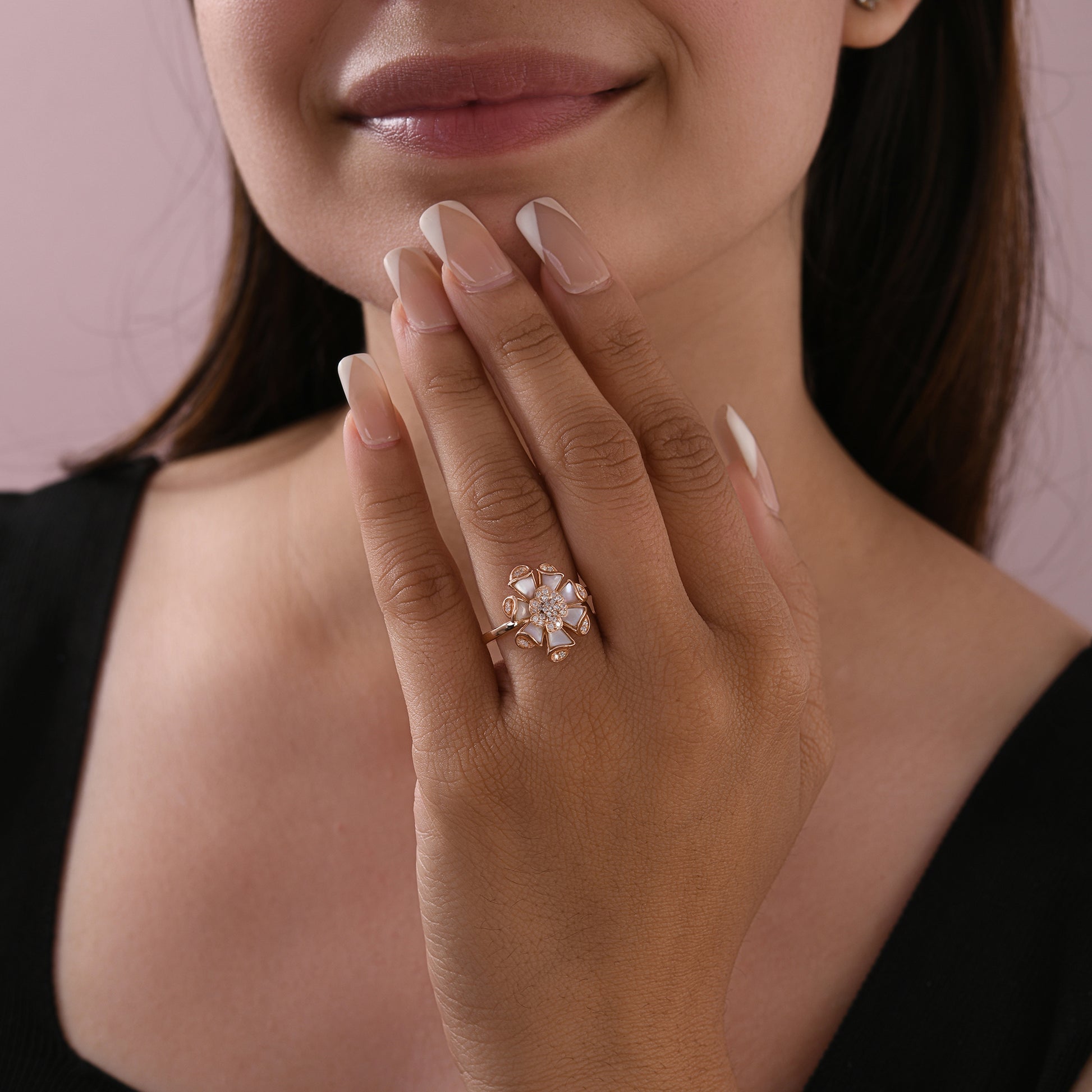 Natural Diamond Flower Ring in Fine Gold with Mother of Pearl Petals