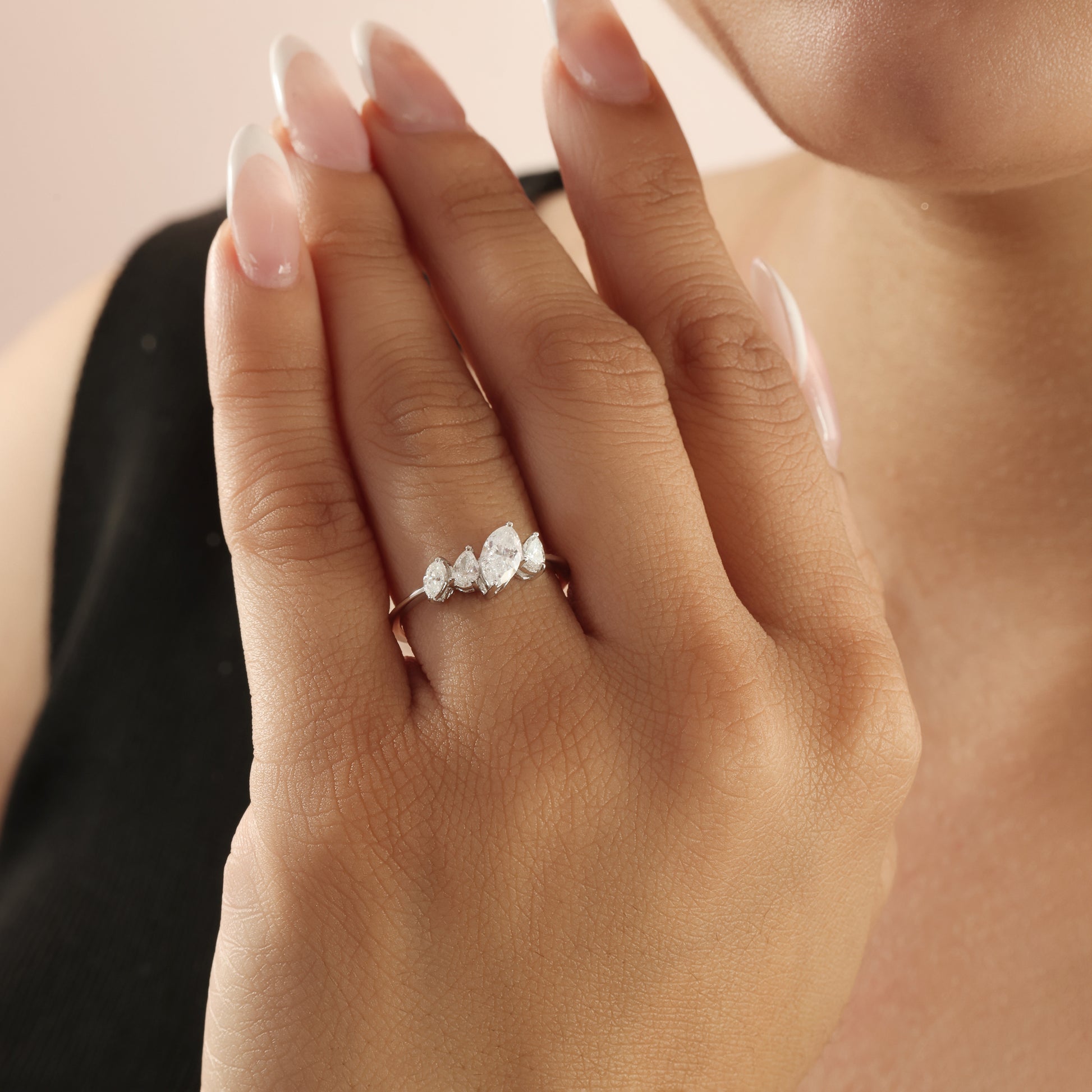 Delicate Fine Gold Marquise Pear Cut Natural Diamond Ring