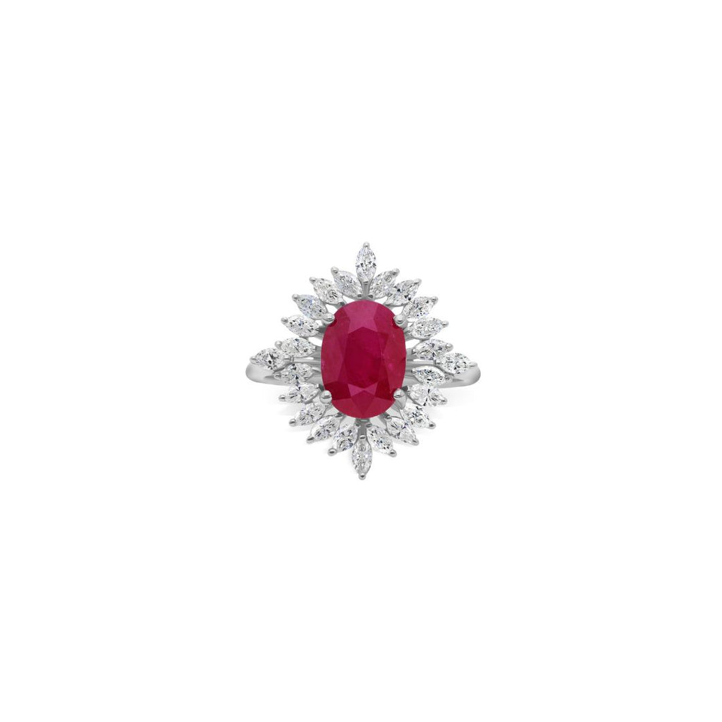 Vintage Inspired Oval Cut Ruby Ring Surrounded by Marquise Diamonds