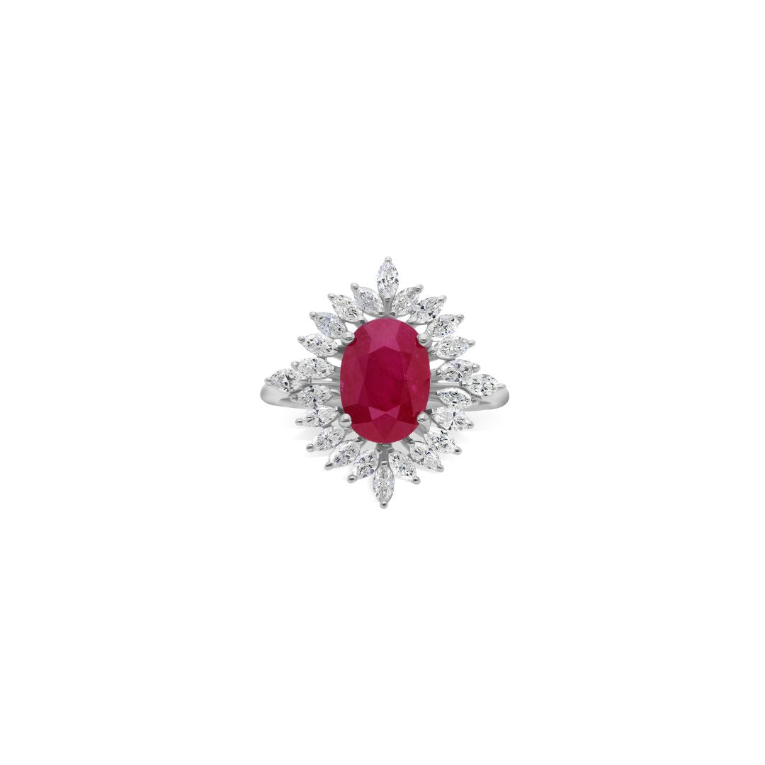 Vintage Inspired Oval Cut Ruby Ring Surrounded by Marquise Diamonds