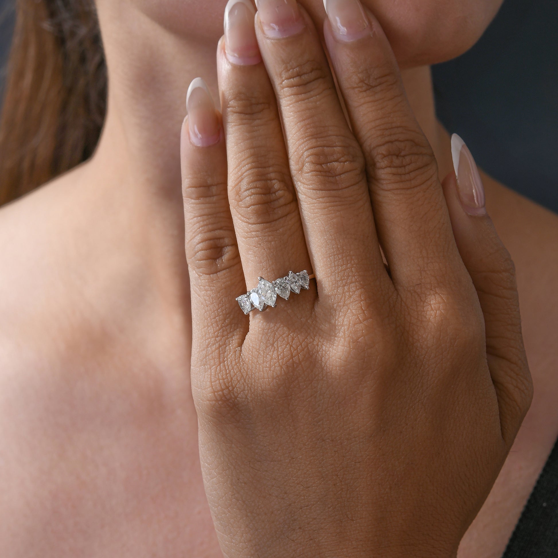 Fine Gold Five Stone Marquise and Pear Natural Diamond Ring