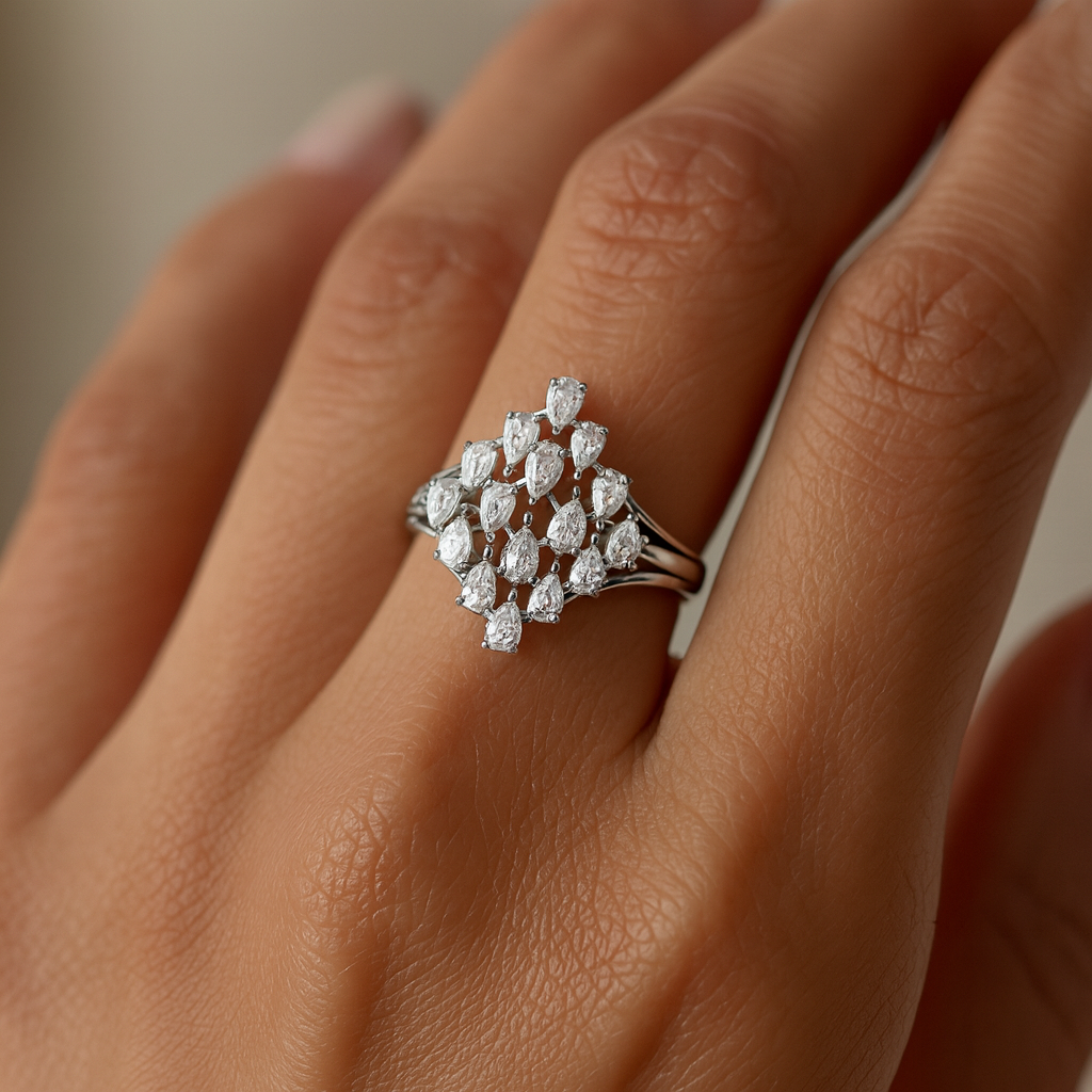 Certified Pear Shape 1.31 Ct. Natural Diamond Cluster Ring in Fine Gold