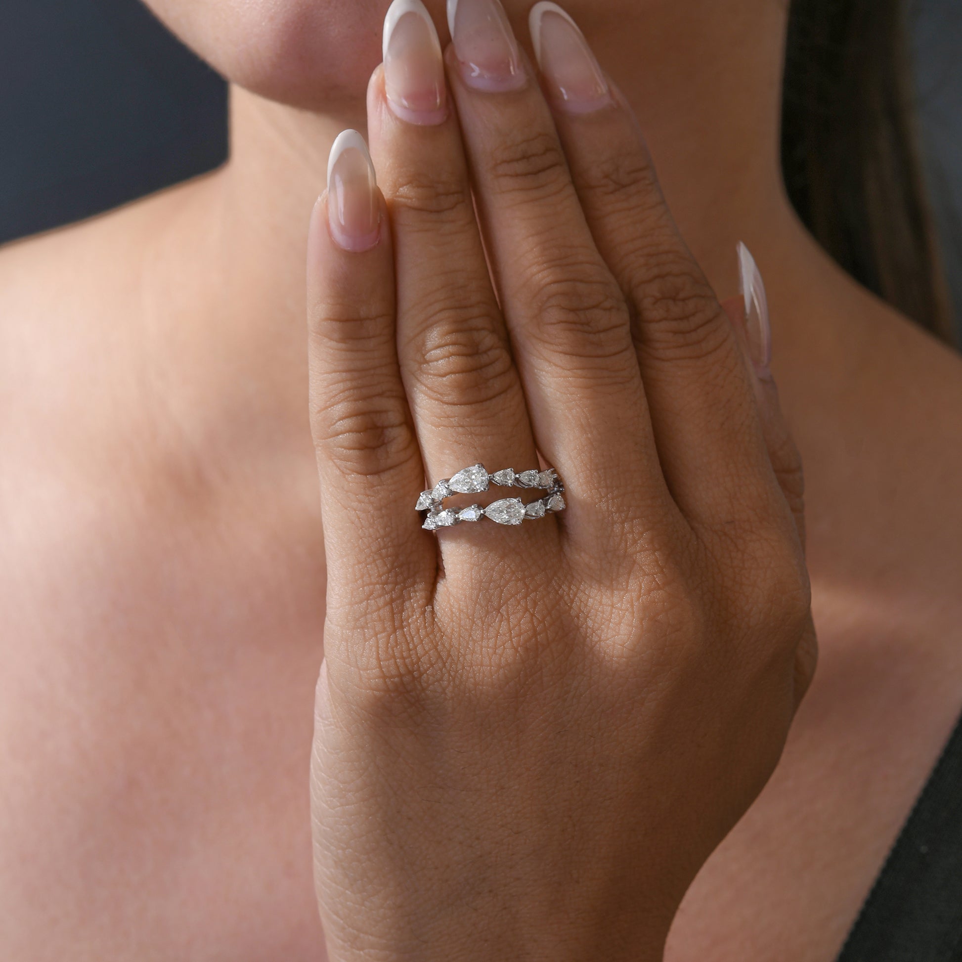 Double Row Fine Gold Pear Shape Natural Diamond Ring