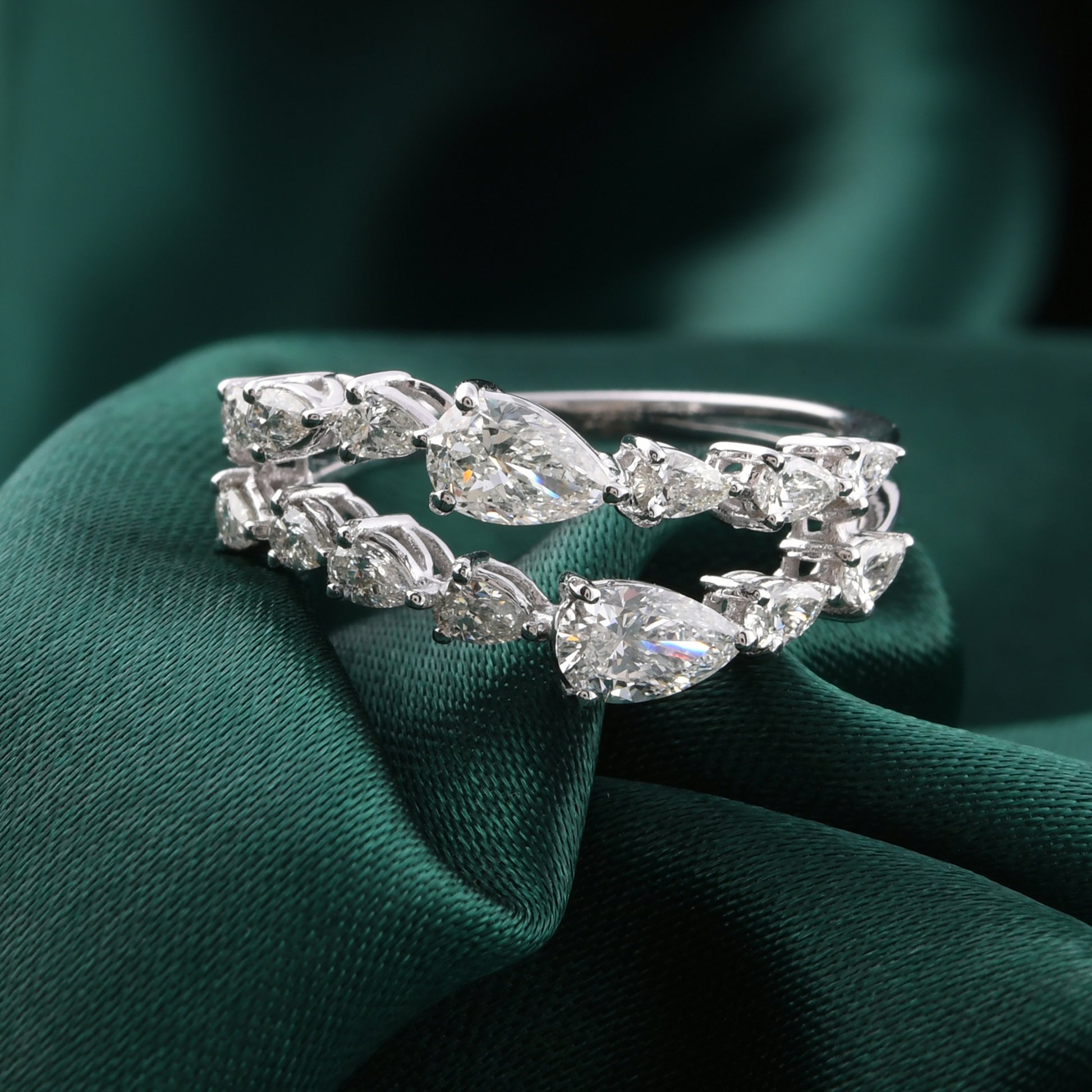 Double Row Fine Gold Pear Shape Natural Diamond Ring