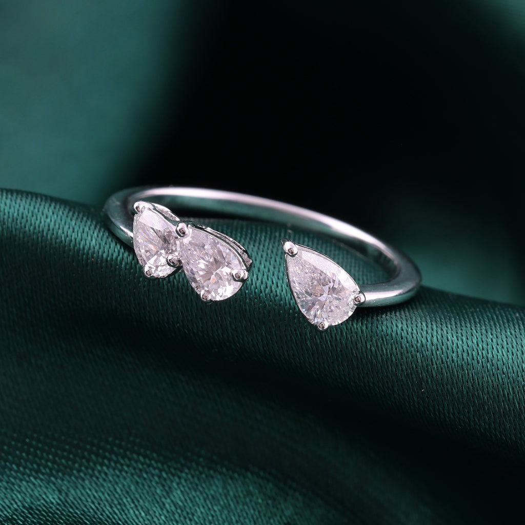 Delicate Three Stone Pear Cut Natural Diamond Ring in Fine Gold