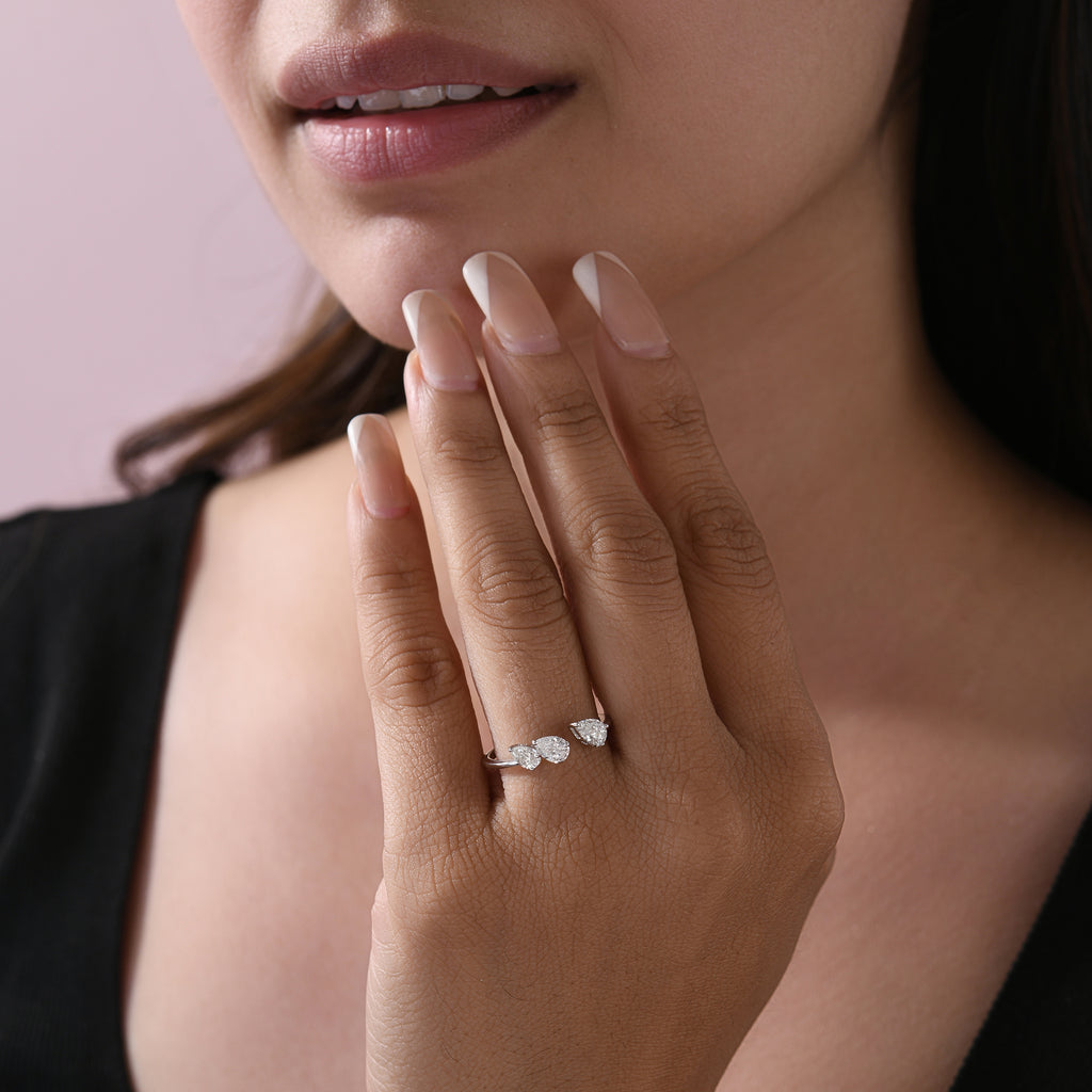 Delicate Three Stone Pear Cut Natural Diamond Ring in Fine Gold